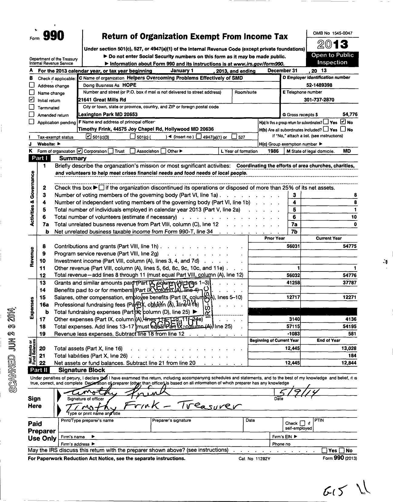 Image of first page of 2013 Form 990 for Helpers Overcoming Problems Effectively Hope of Southern Maryl