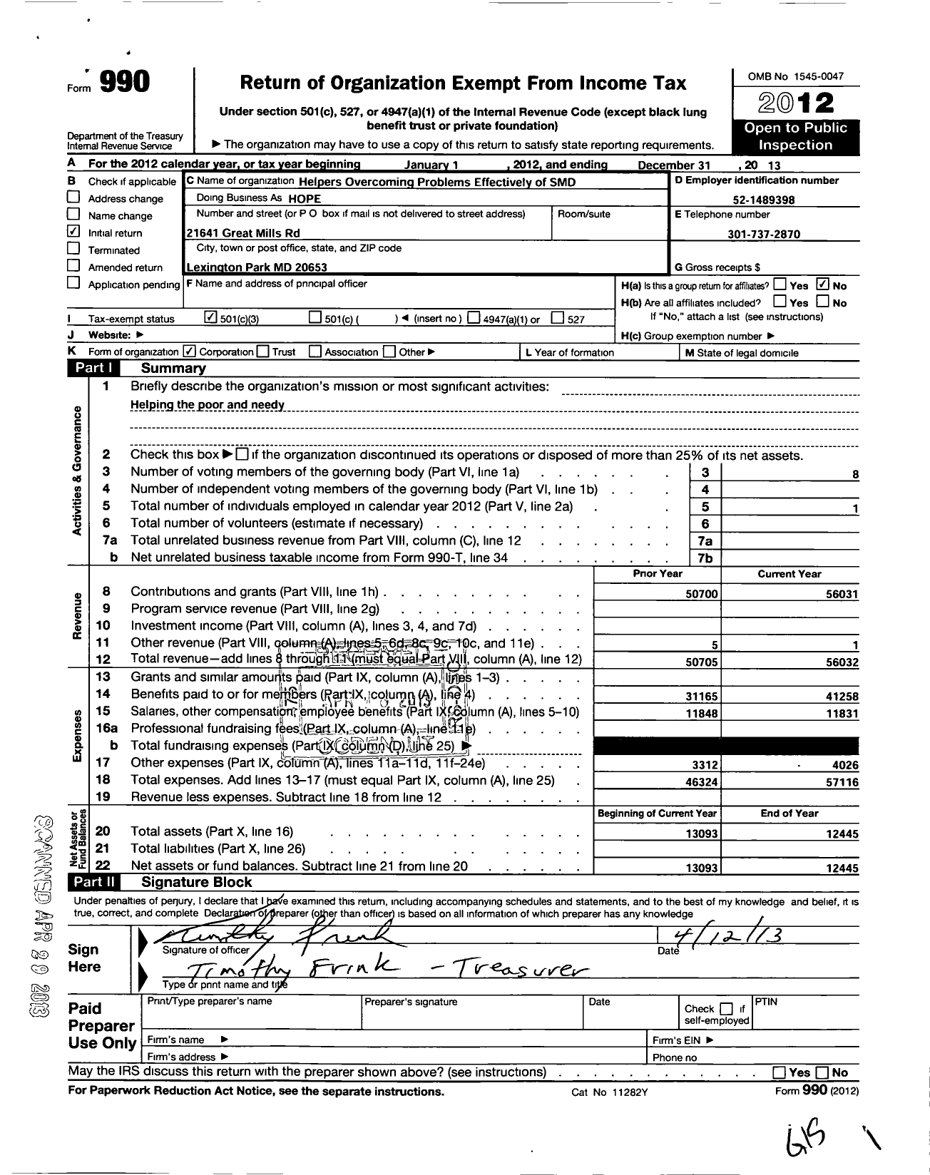 Image of first page of 2013 Form 990 for Helpers Overcoming Problems Effectively Hope of Southern Maryl