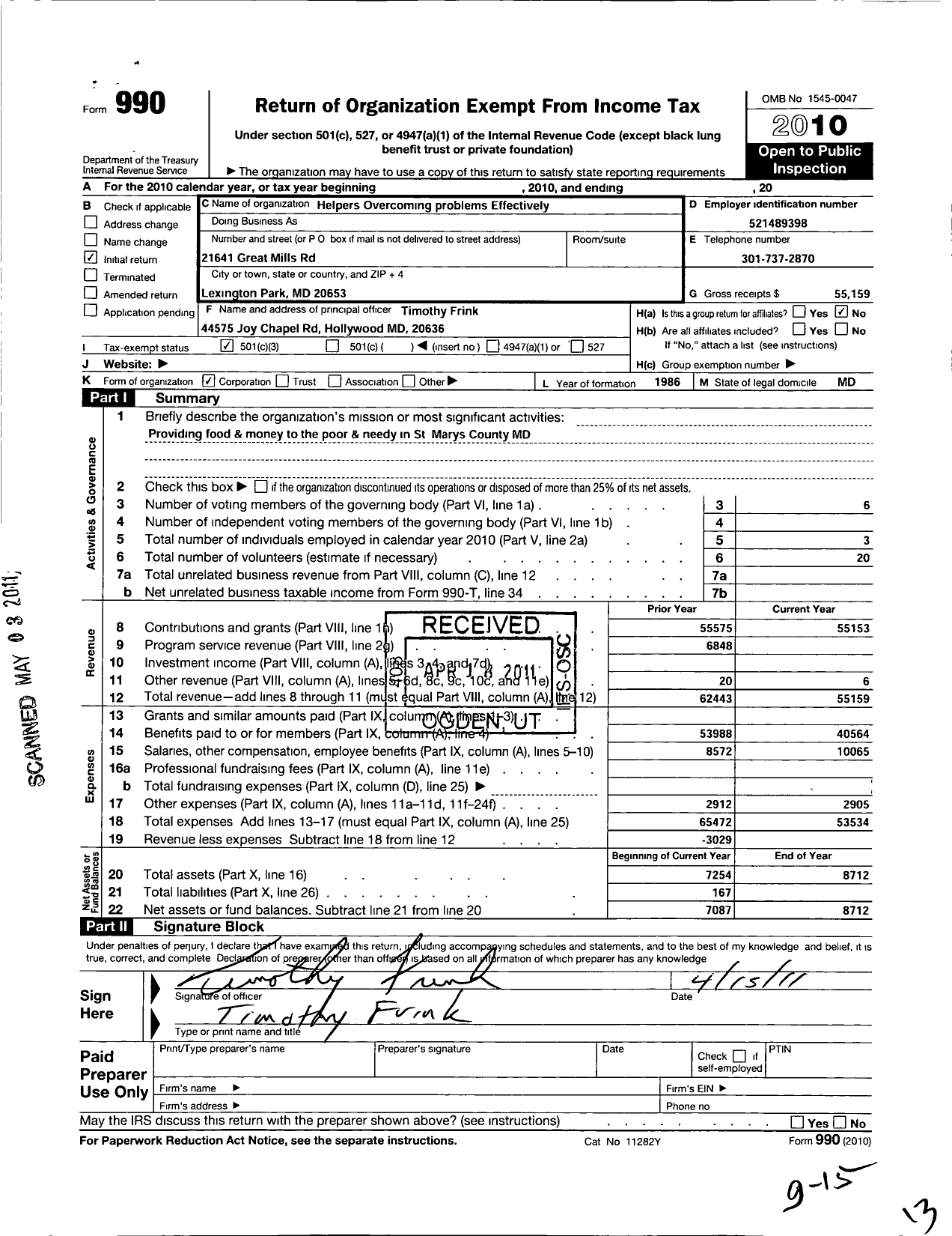 Image of first page of 2010 Form 990 for Helpers Overcoming Problems Effectively Hope of Southern Maryl