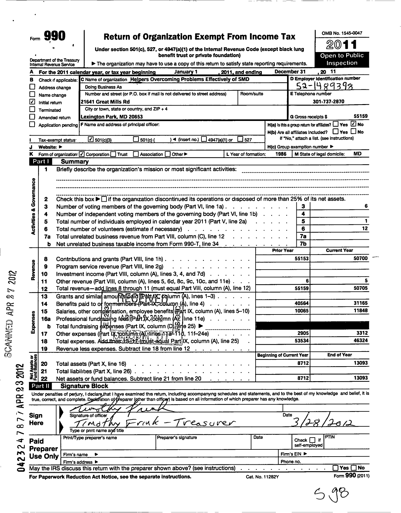 Image of first page of 2011 Form 990 for Helpers Overcoming Problems Effectively Hope of Southern Maryl