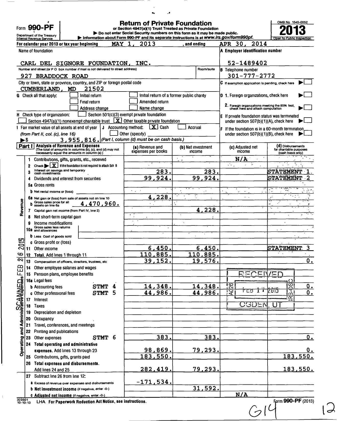 Image of first page of 2013 Form 990PF for Carl Del Signore Foundation
