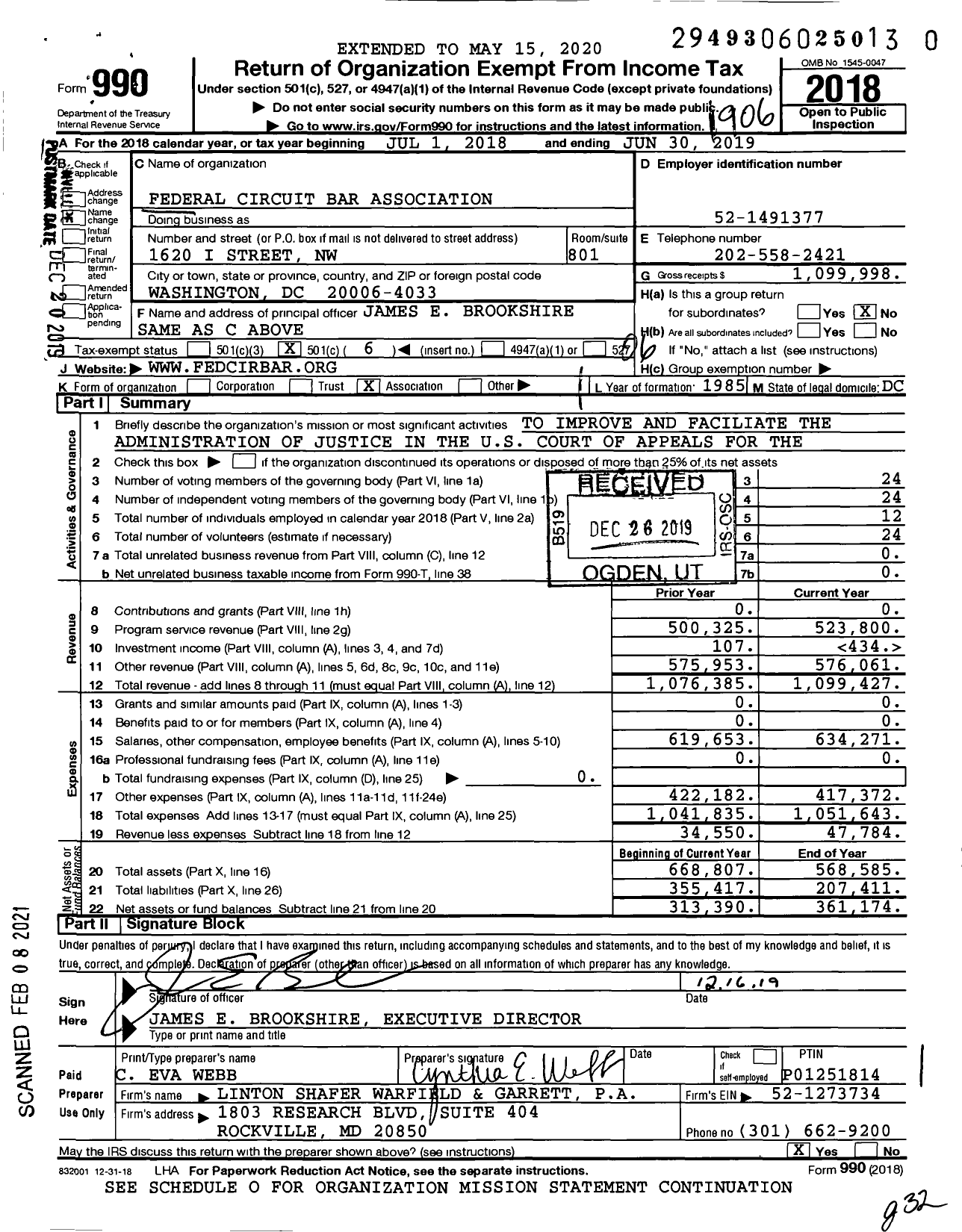 Image of first page of 2018 Form 990O for Federal Circuit Bar Association