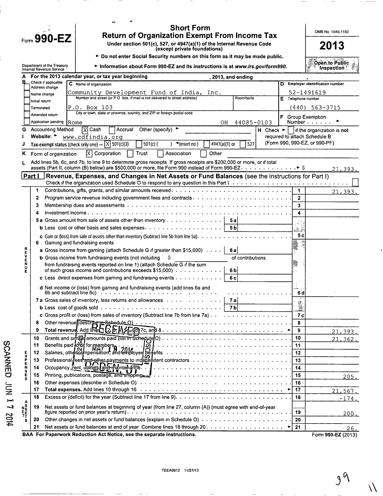 Image of first page of 2013 Form 990EZ for Community Development Fund of India