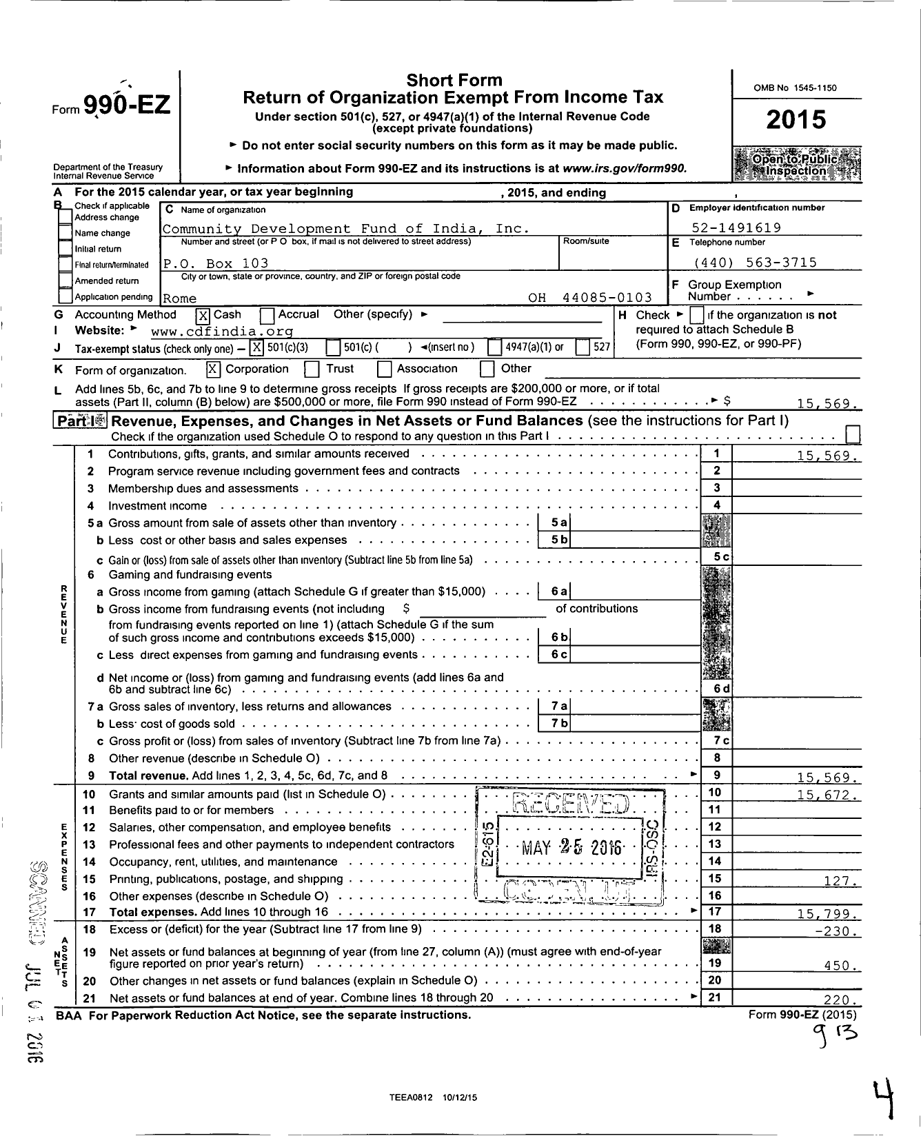 Image of first page of 2015 Form 990EZ for Community Development Fund of India