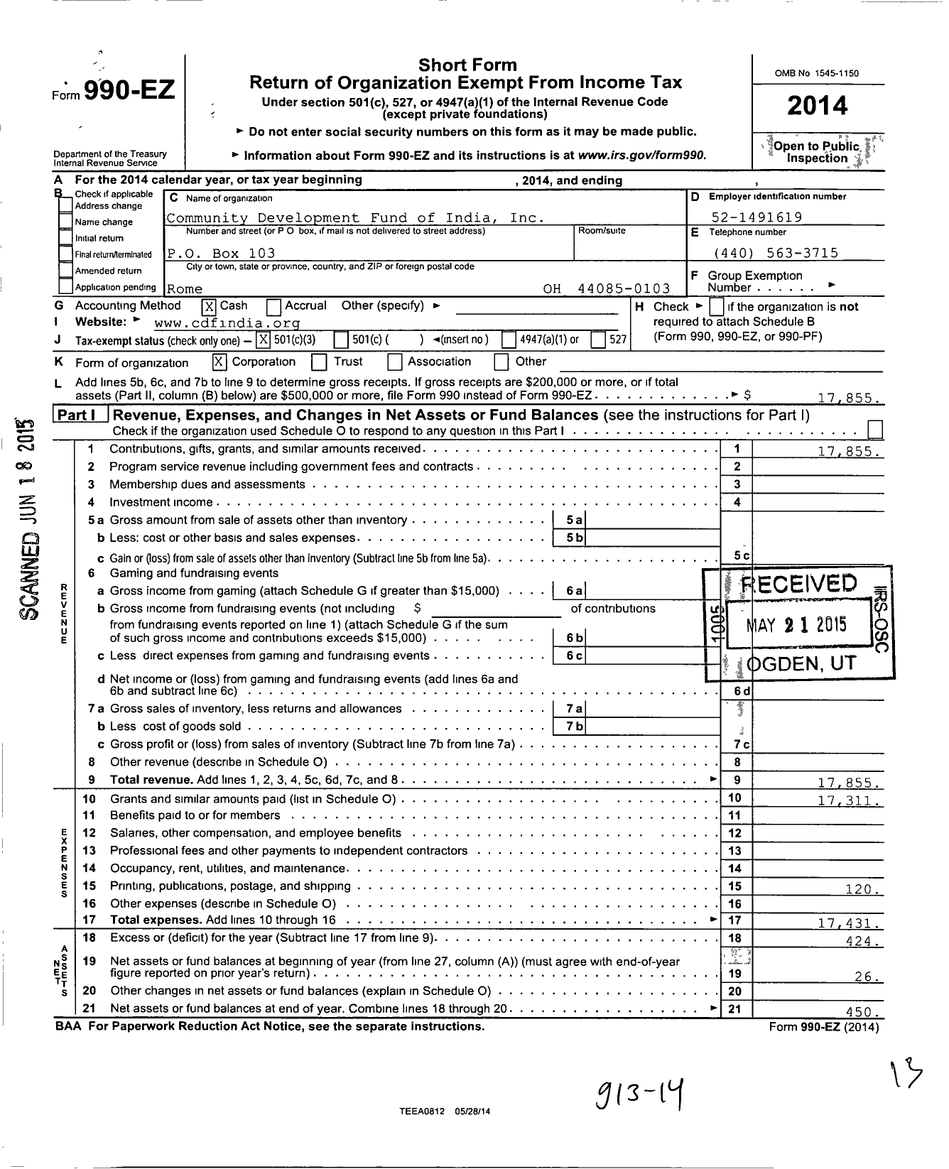 Image of first page of 2014 Form 990EZ for Community Development Fund of India