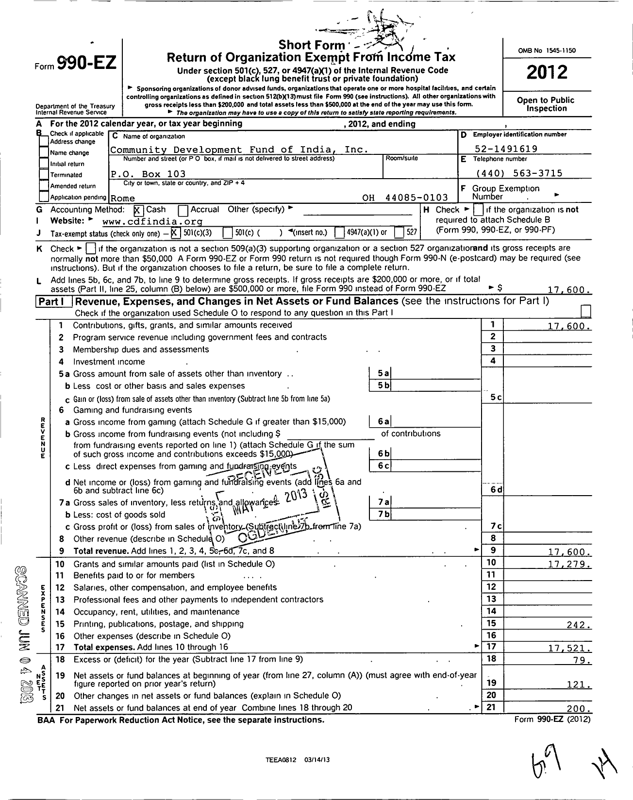 Image of first page of 2012 Form 990EZ for Community Development Fund of India