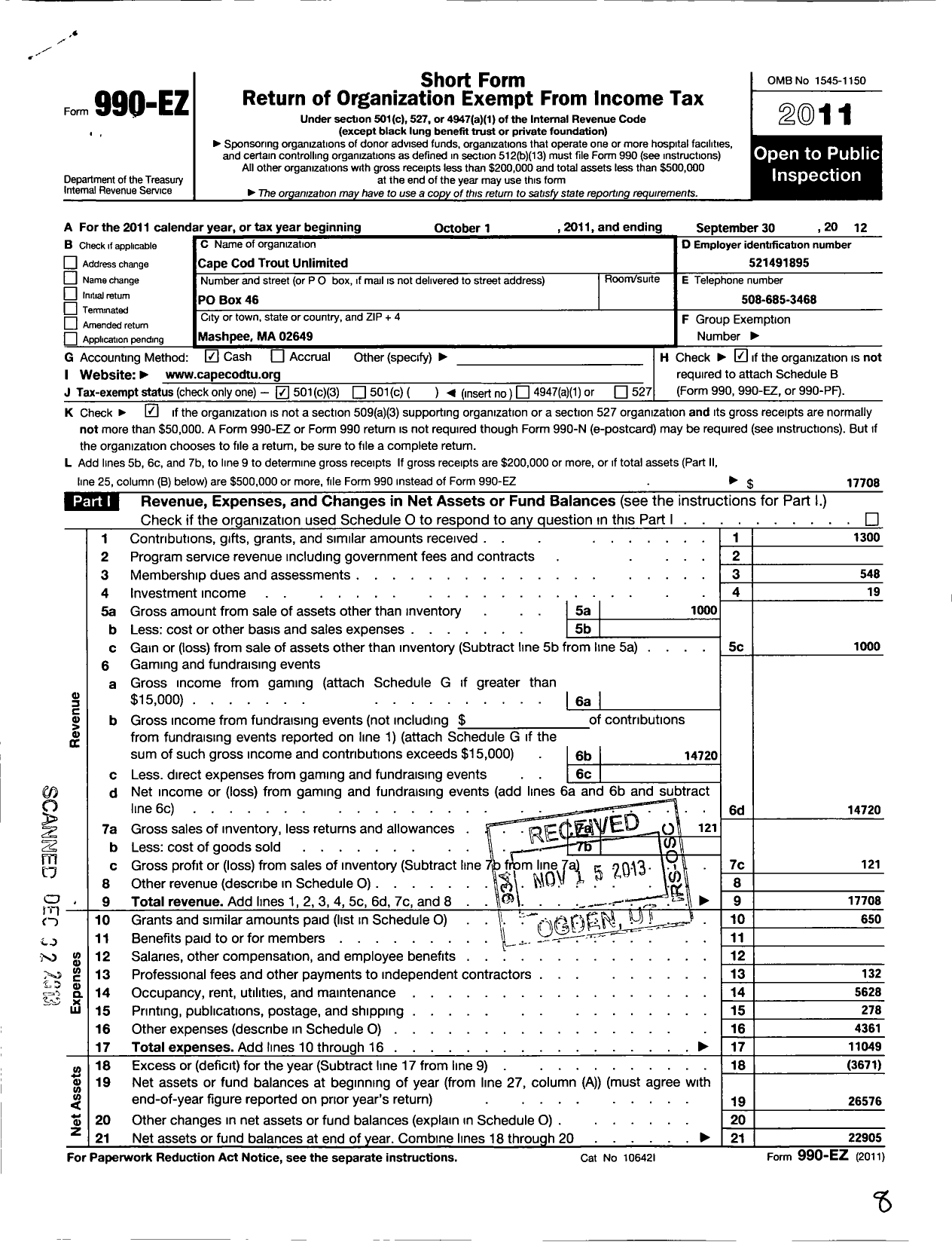 Image of first page of 2011 Form 990EZ for Trout Unlimited - 460 Cape Cod