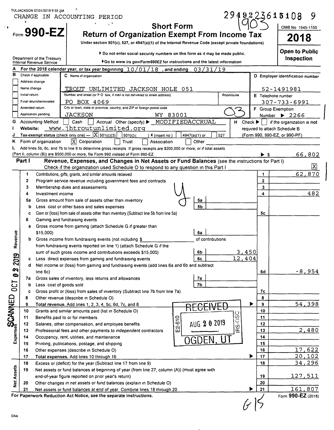 Image of first page of 2018 Form 990EZ for Trout Unlimited - 051 Jackson Hole