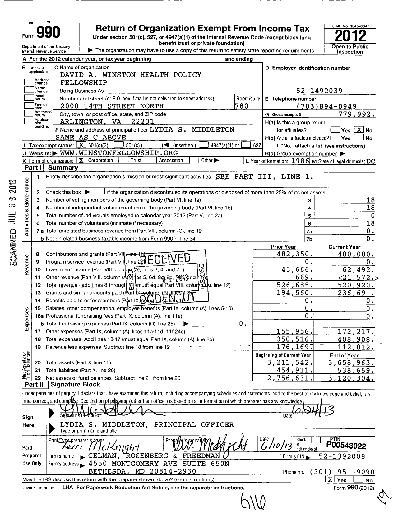 Image of first page of 2021 Form 990 for David A Winston Health Policy Fellowship