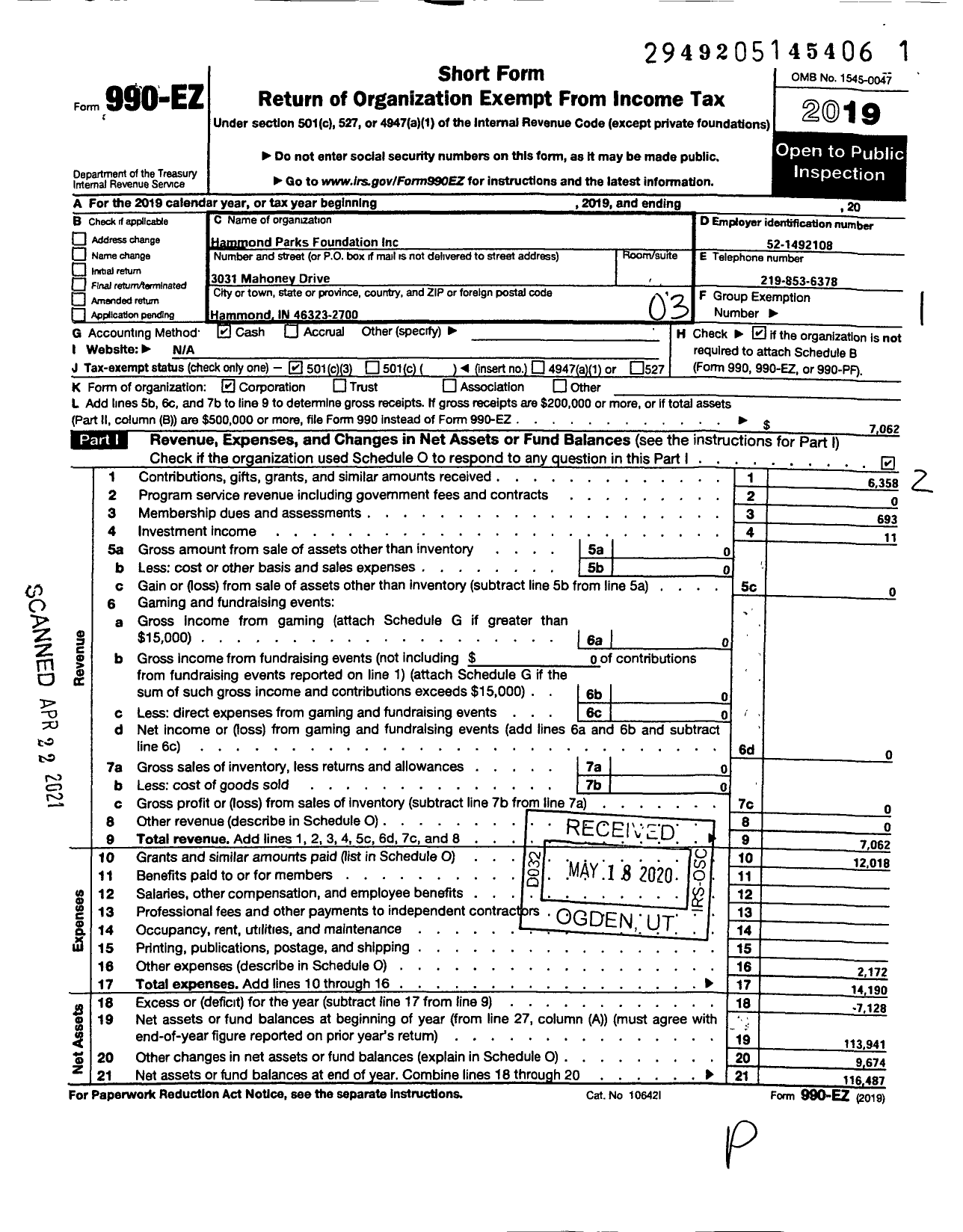 Image of first page of 2019 Form 990EZ for Hammond Parks Foundation