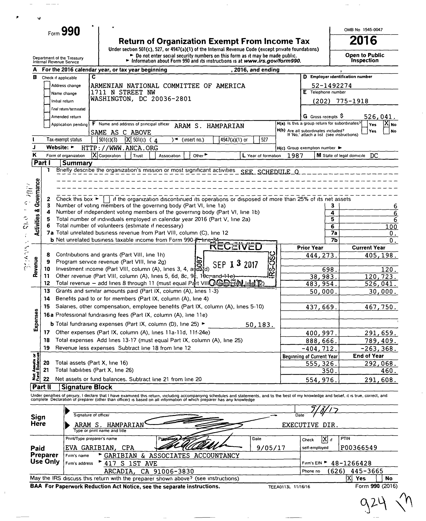 Image of first page of 2016 Form 990O for Armenian National Committee of America (ANCA)