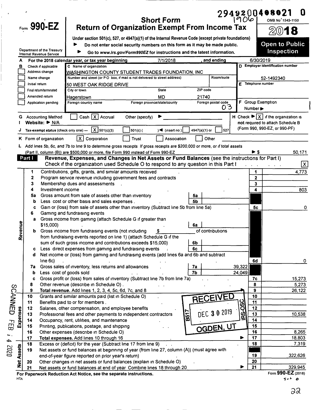 Image of first page of 2018 Form 990EZ for Washington County Student Trades Foundation