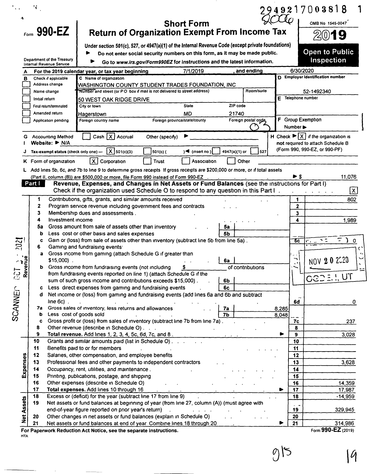 Image of first page of 2019 Form 990EZ for Washington County Student Trades Foundation