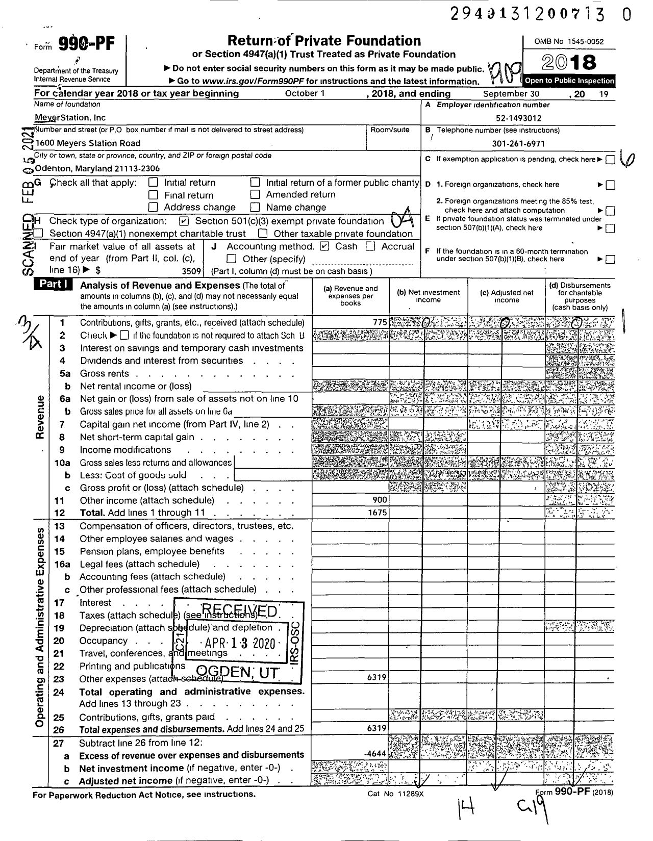 Image of first page of 2018 Form 990PF for Meyer Station