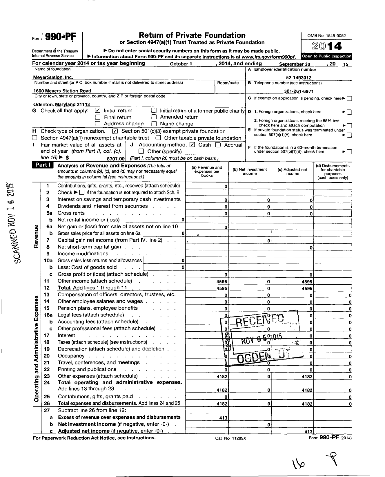 Image of first page of 2014 Form 990PF for Meyer Station