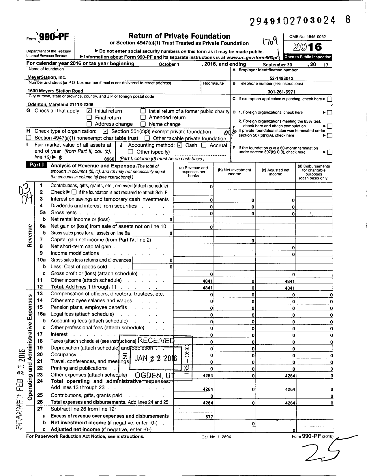 Image of first page of 2016 Form 990PF for Meyer Station