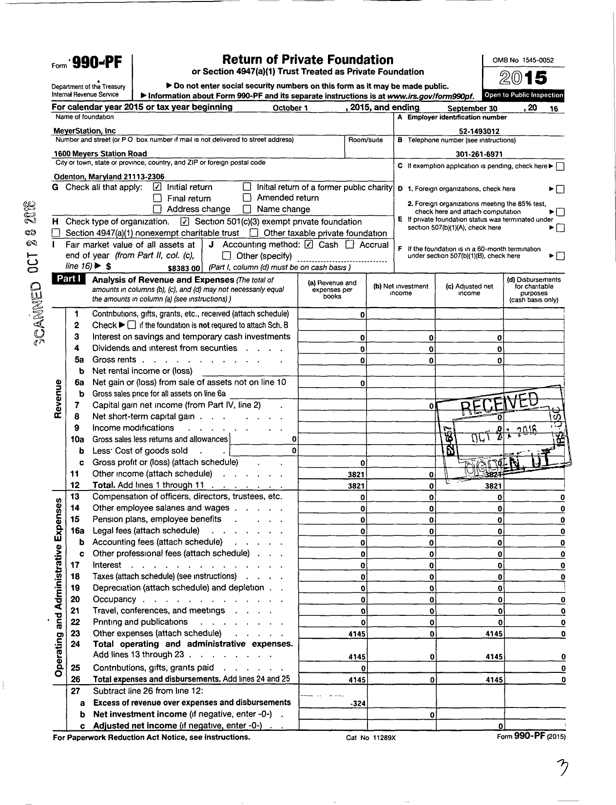 Image of first page of 2015 Form 990PF for Meyer Station