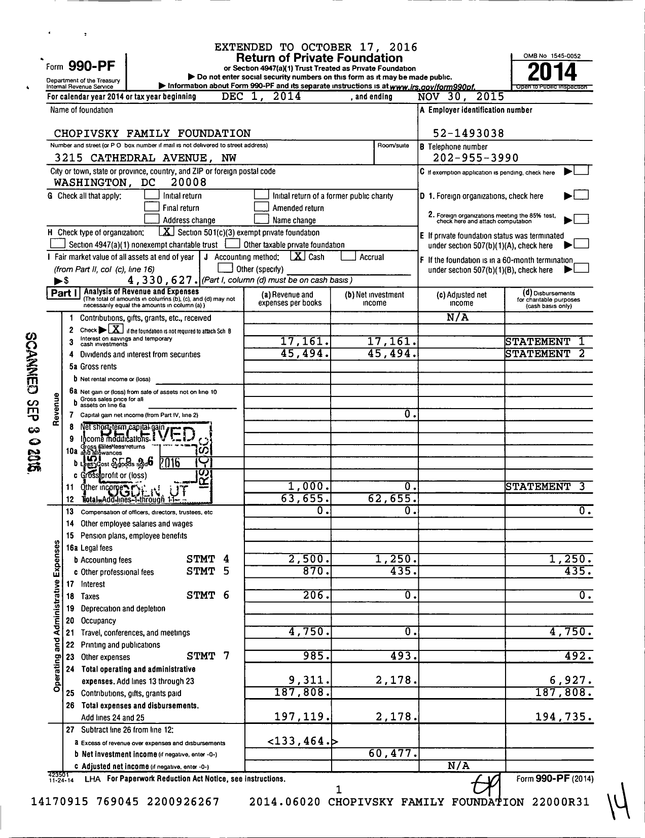 Image of first page of 2014 Form 990PF for Chopivsky Family Foundation