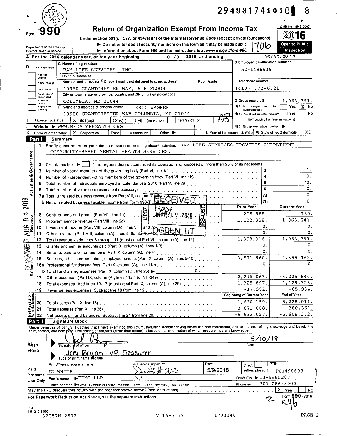 Image of first page of 2016 Form 990 for Bay Life Services