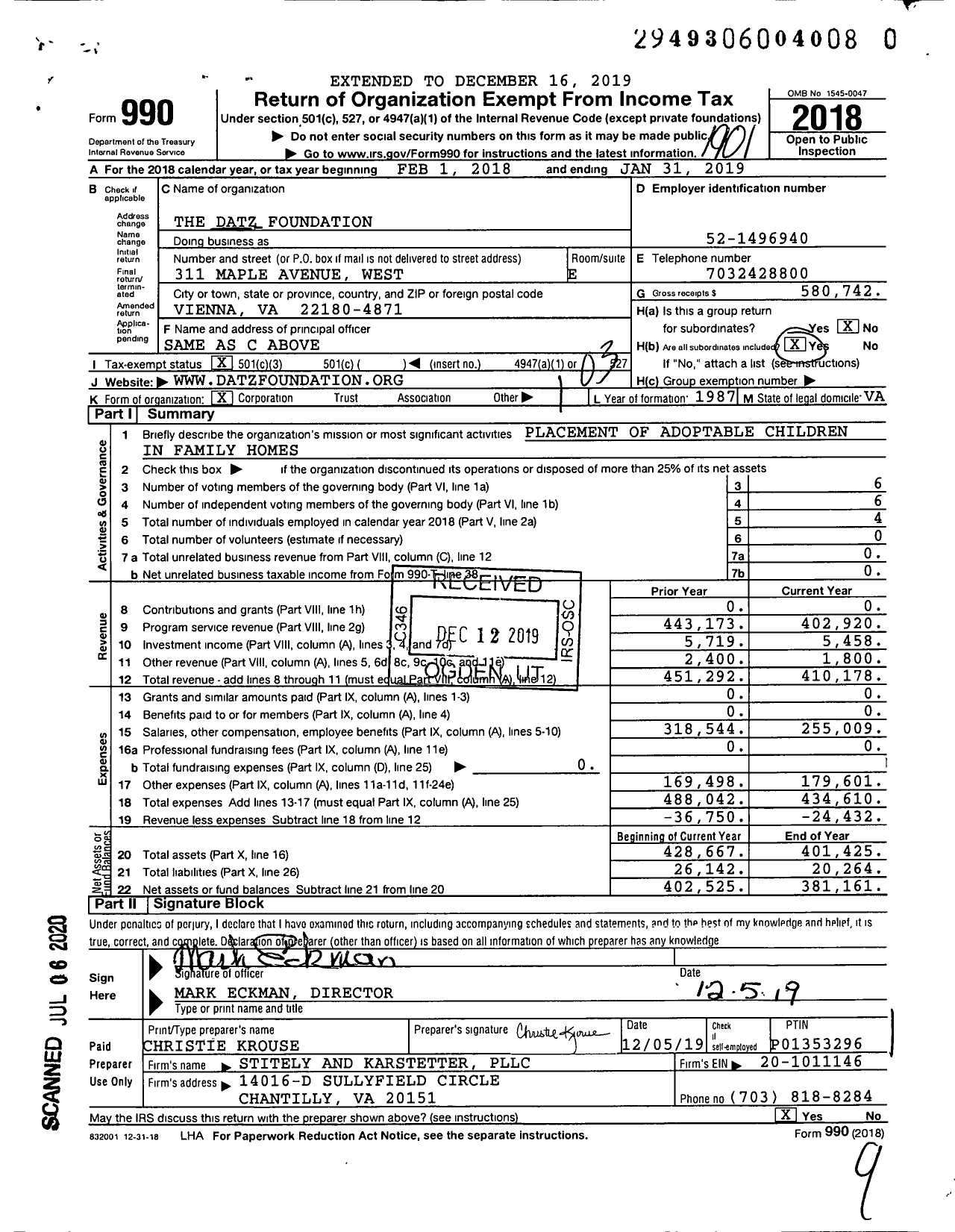Image of first page of 2018 Form 990 for The Datz Foundation