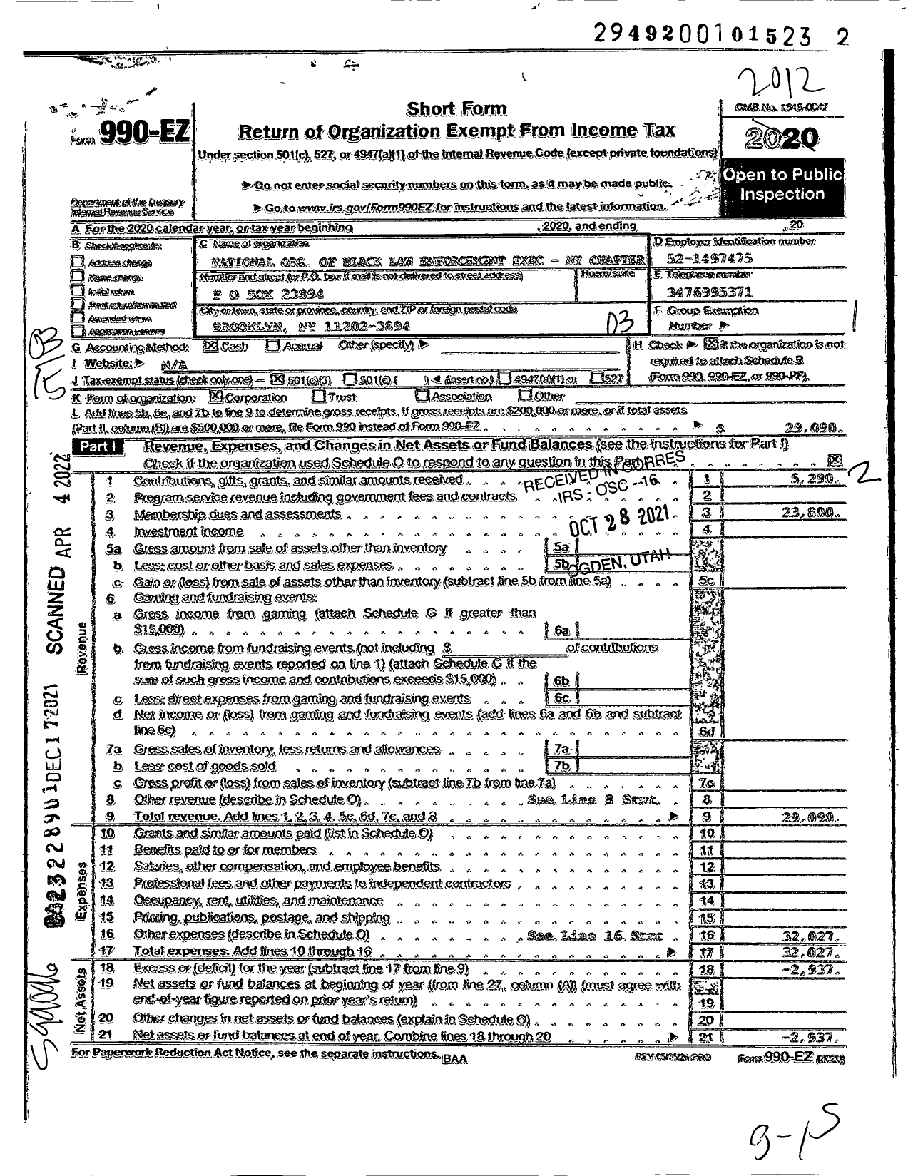 Image of first page of 2020 Form 990EZ for National Org of Black Law Enforcement Exec - NY Chapter