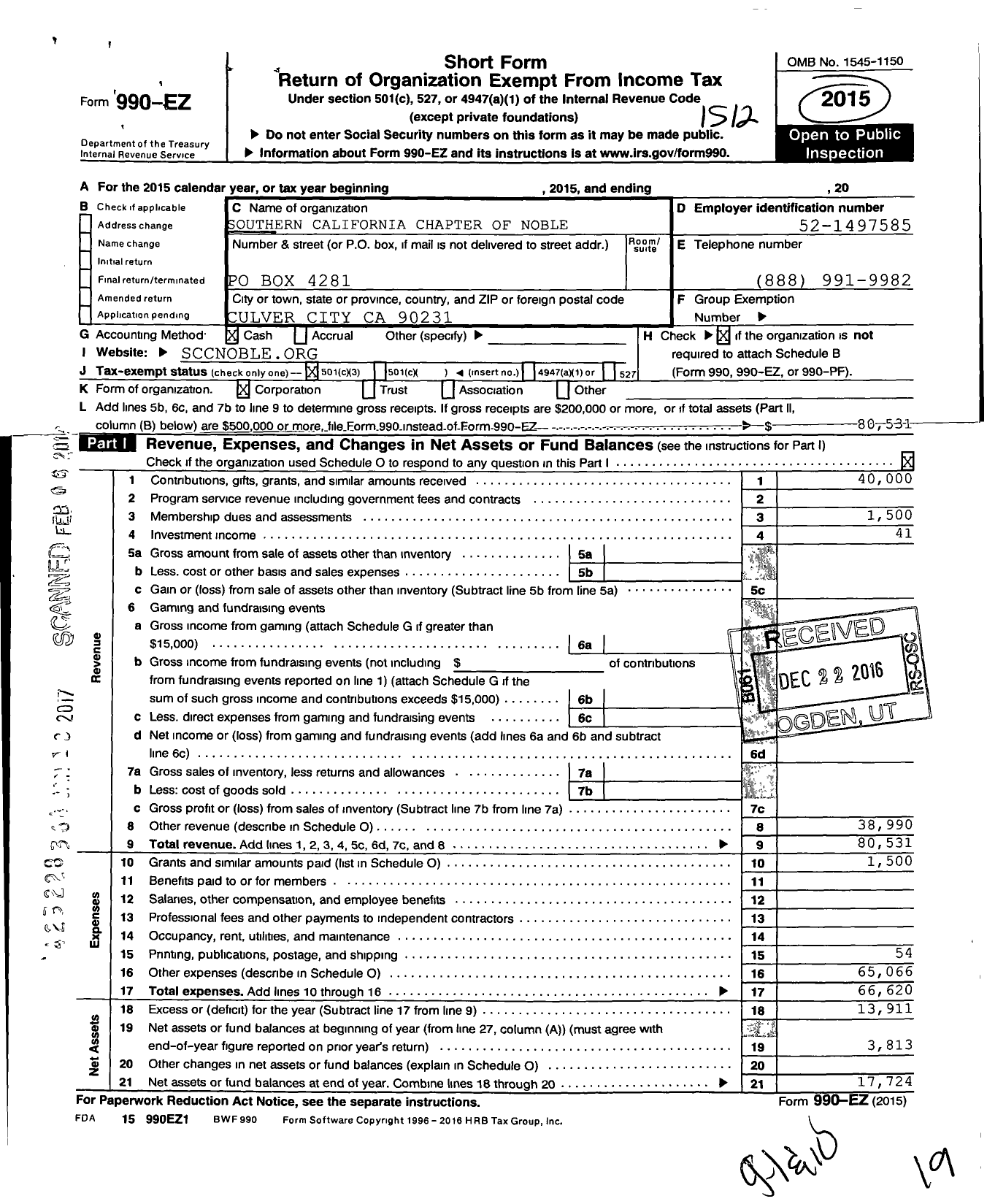 Image of first page of 2015 Form 990EZ for National Organization of Black Law Enforcement Executives / Southern California Chapter (NOBLE)