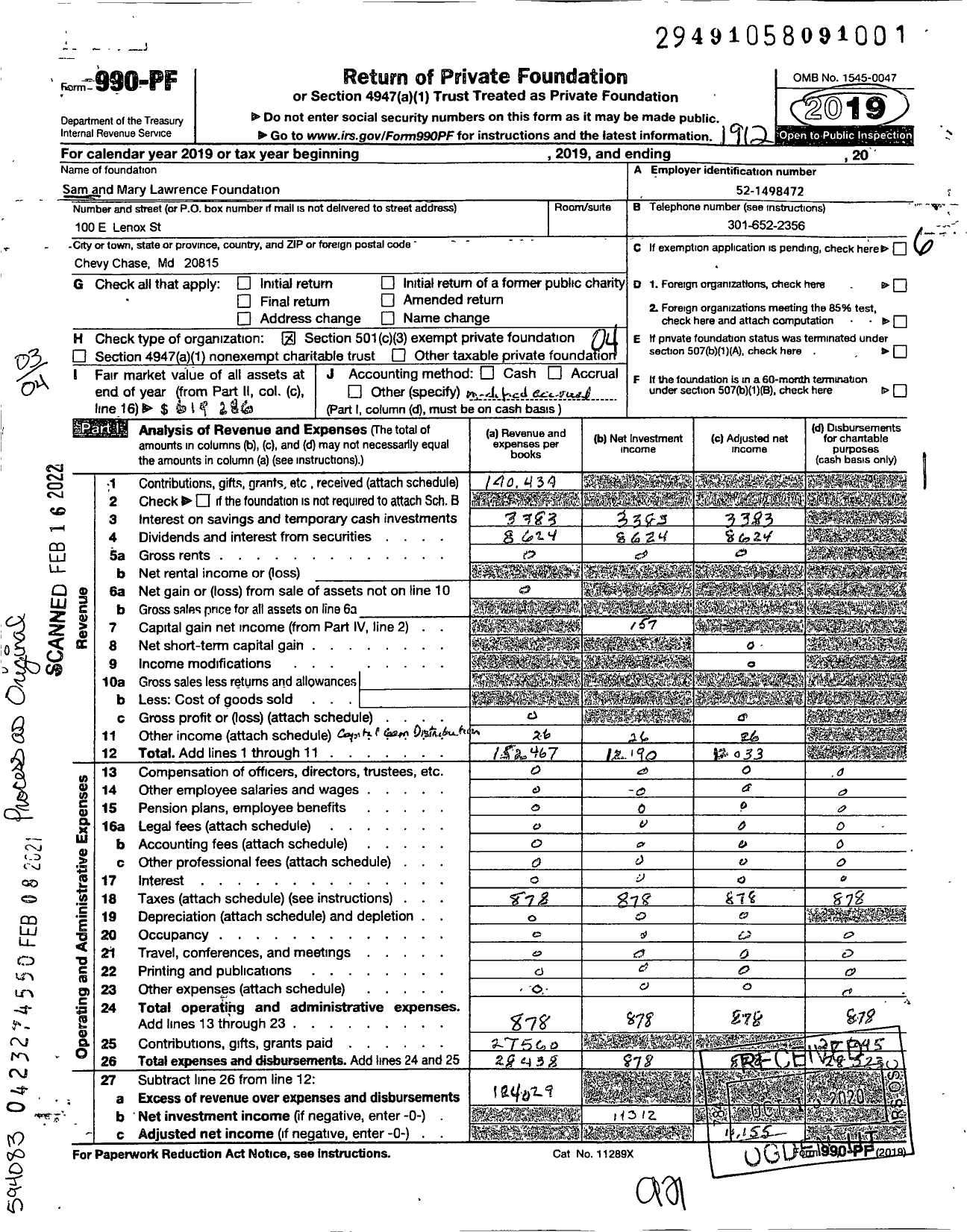 Image of first page of 2019 Form 990PF for Sam and Mary Lawrence Foundation