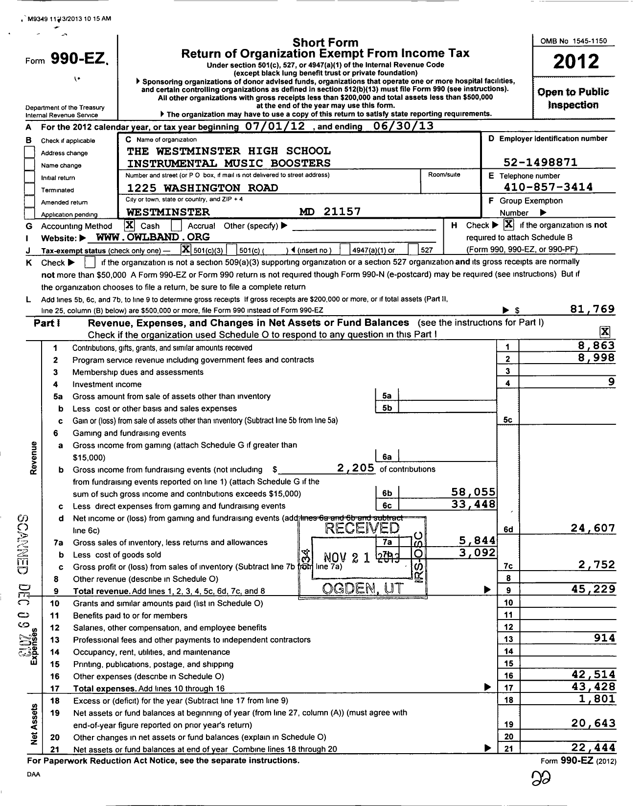 Image of first page of 2012 Form 990EZ for The Westminster High School Instrumental Music Boosters