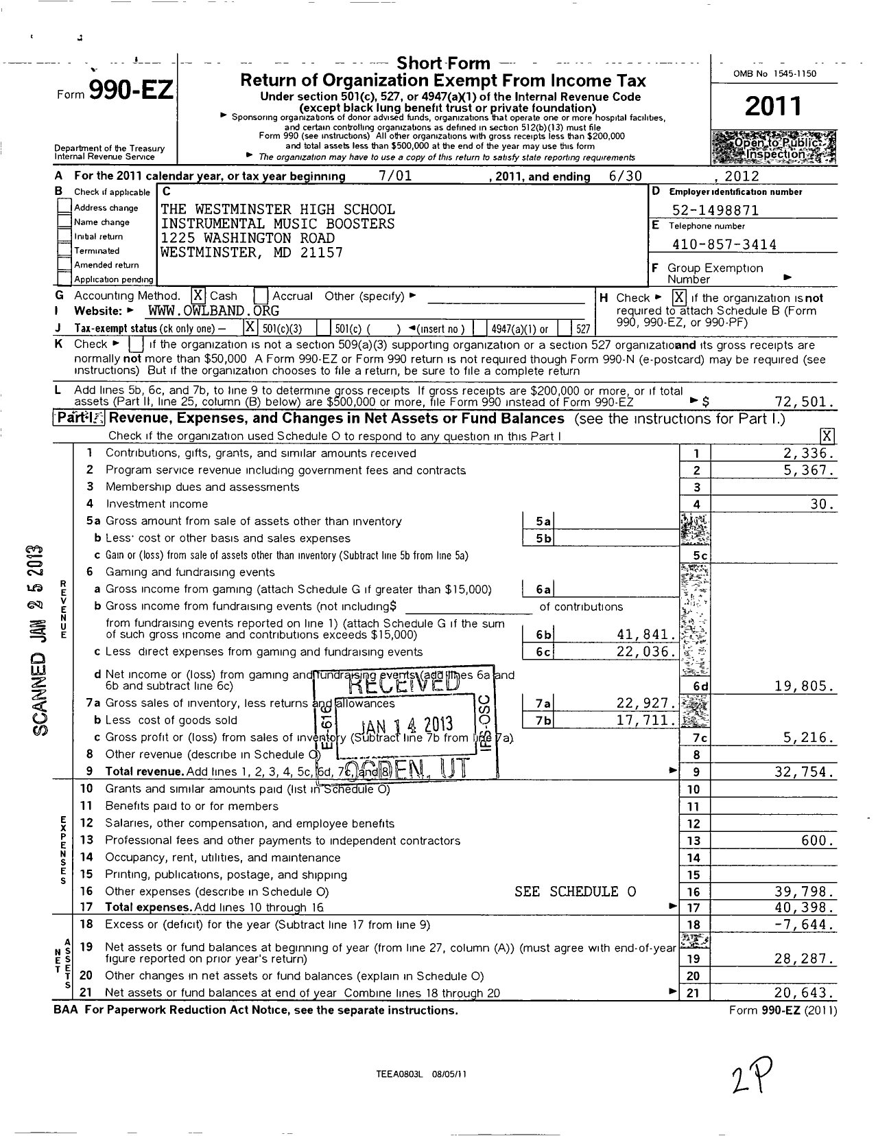 Image of first page of 2011 Form 990EZ for The Westminster High School Instrumental Music Boosters