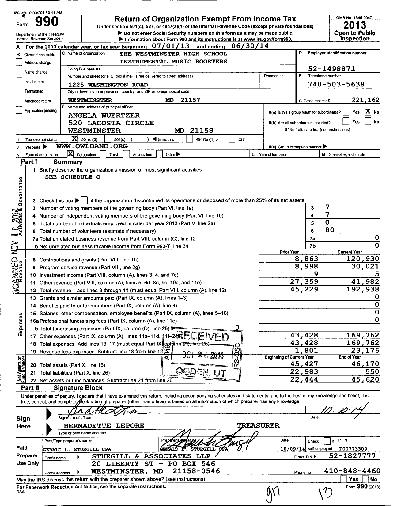 Image of first page of 2013 Form 990 for The Westminster High School Instrumental Music Boosters