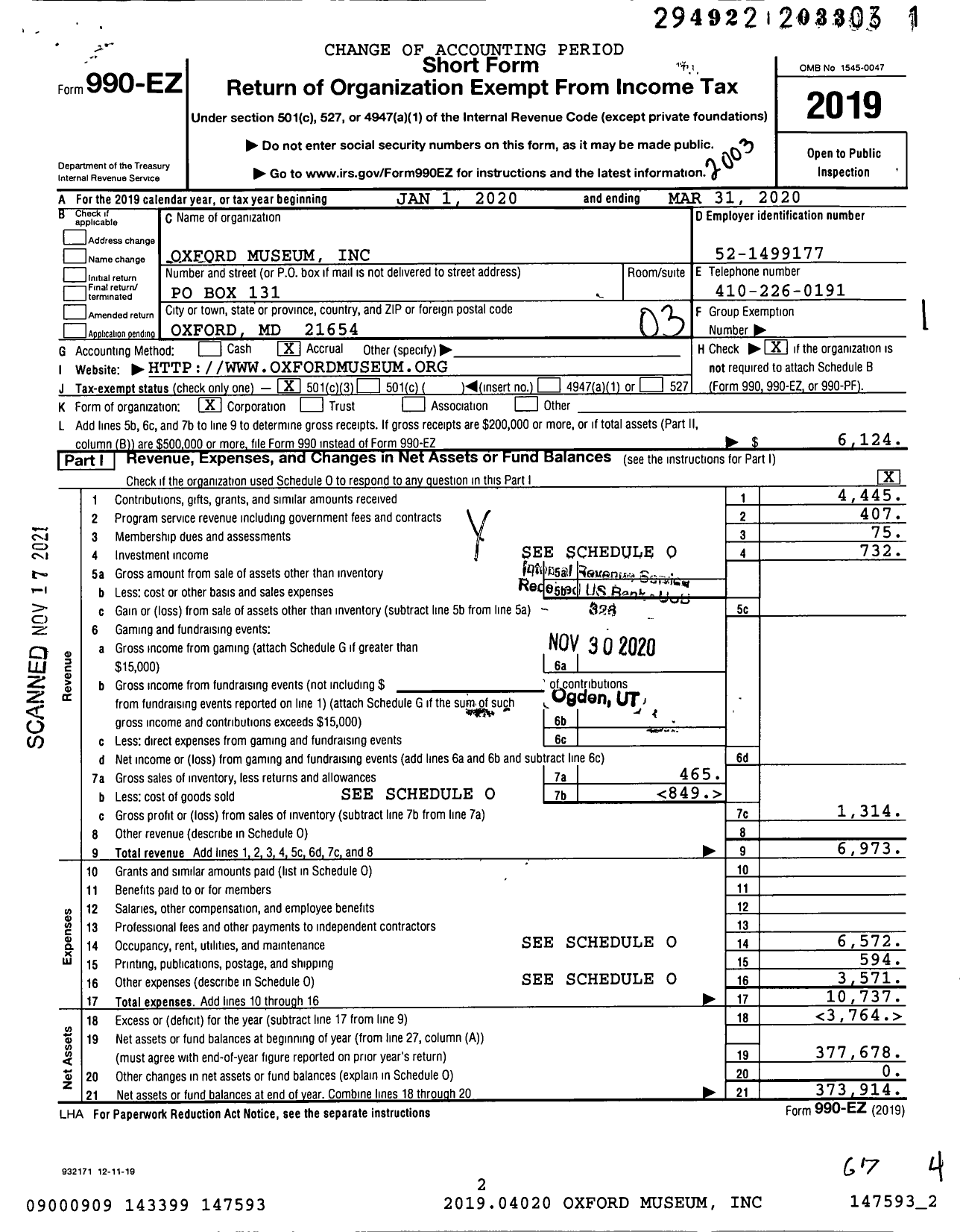 Image of first page of 2019 Form 990EZ for Oxford Museum