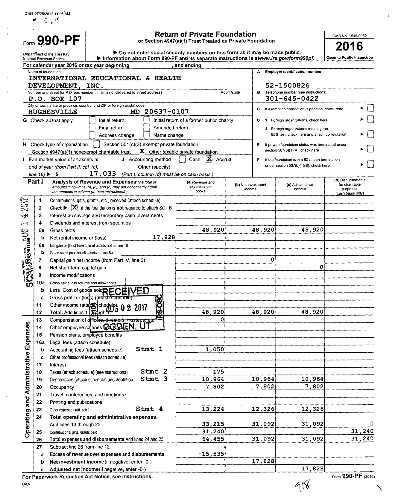 Image of first page of 2016 Form 990PF for International Education and Health