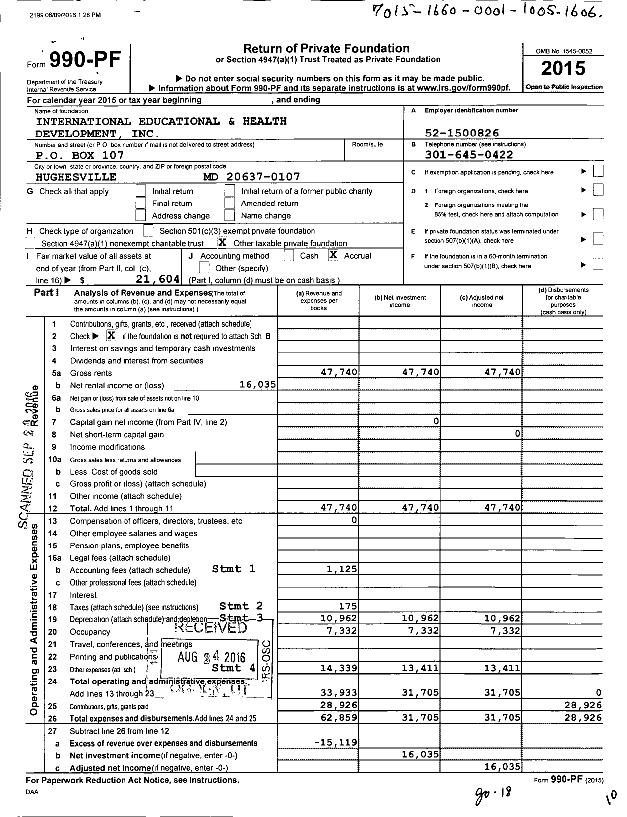 Image of first page of 2015 Form 990PF for International Education and Health