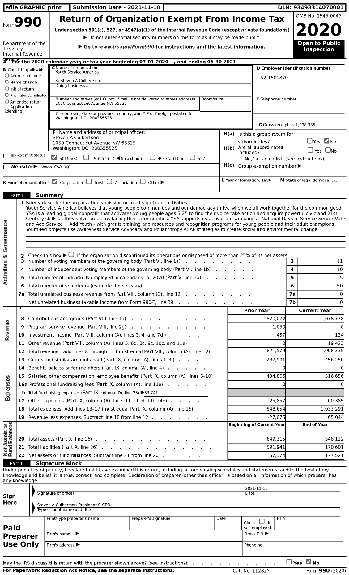 Image of first page of 2020 Form 990 for Youth Service America