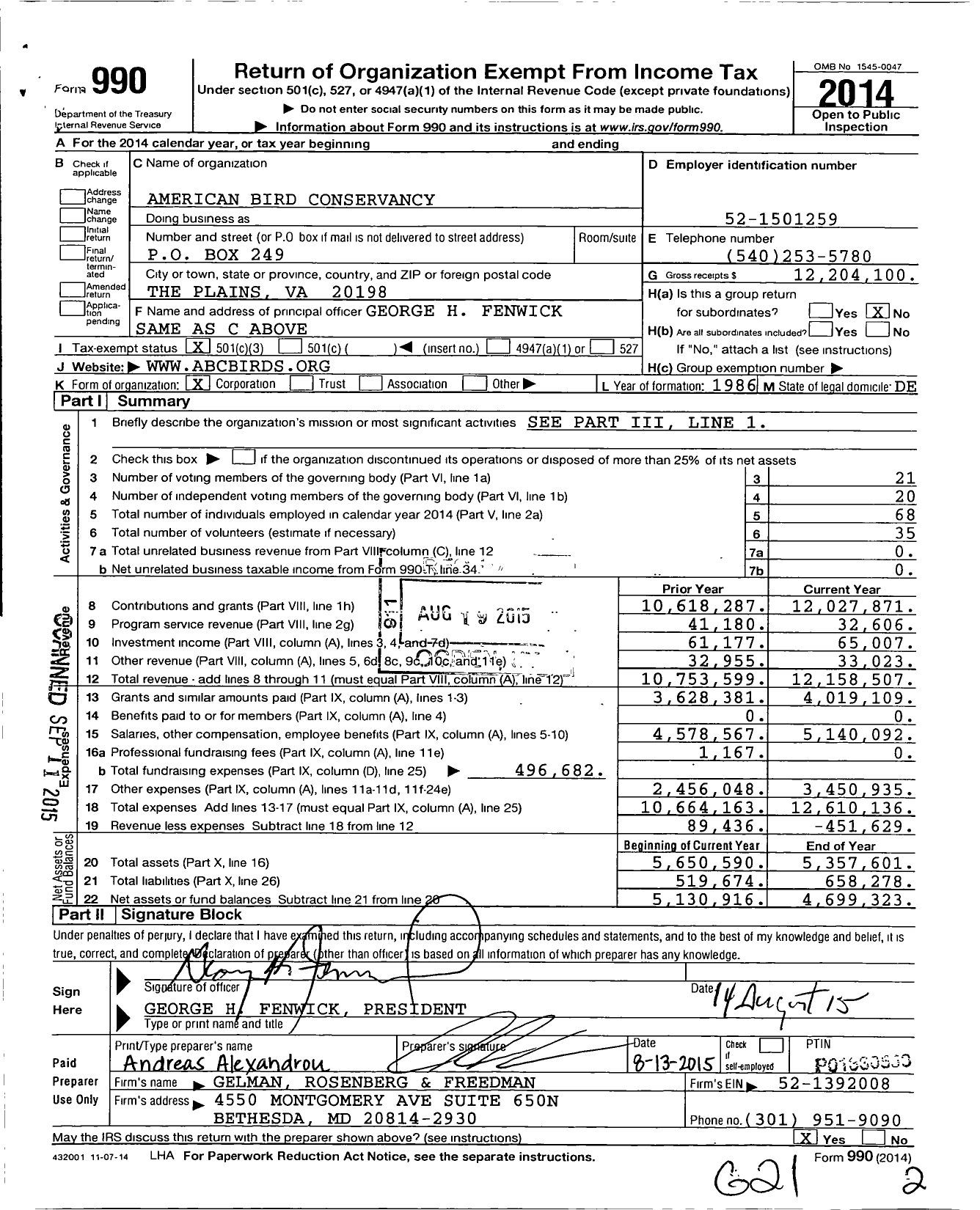 Image of first page of 2014 Form 990 for American Bird Conservancy (ABC)