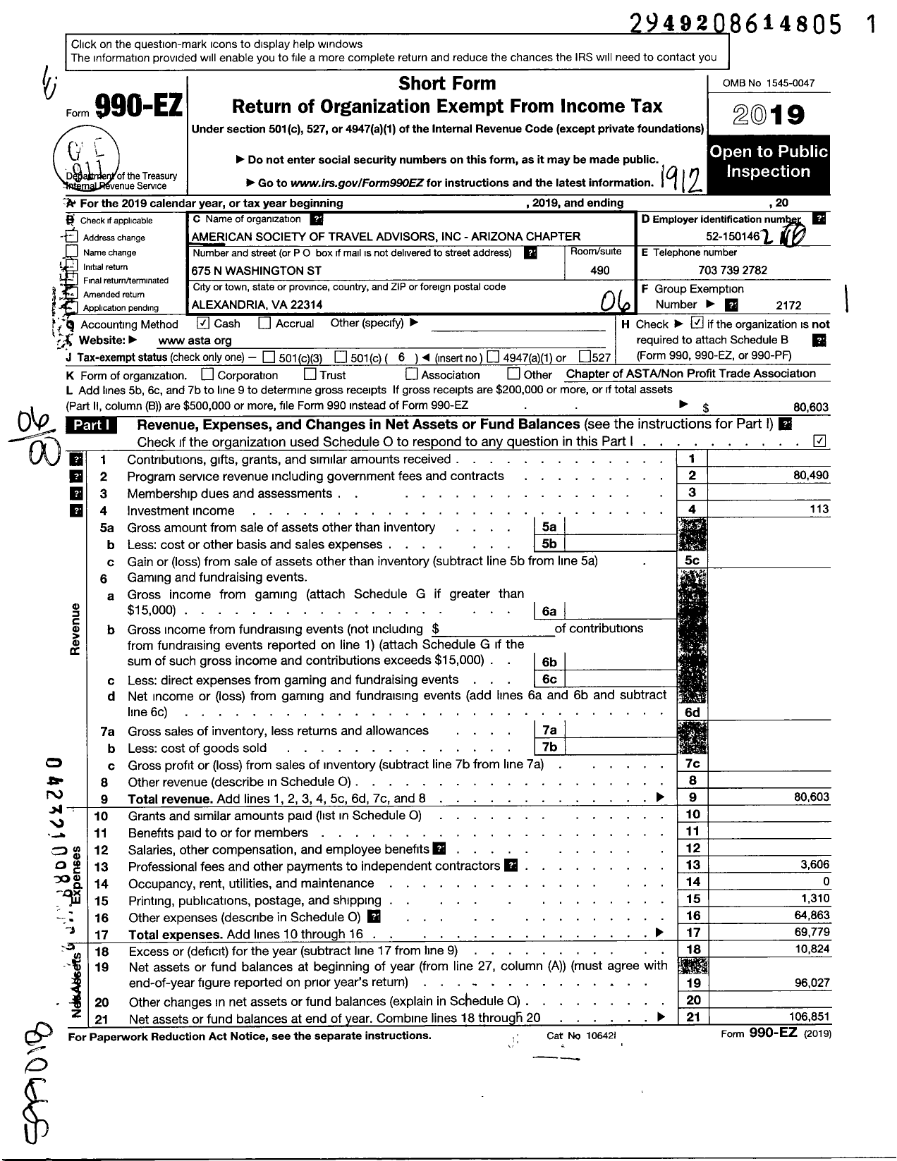 Image of first page of 2019 Form 990EO for AMERICAN SOCIETY OF TRAVEL AdvisorS ARIZONA Asta CHAPTER