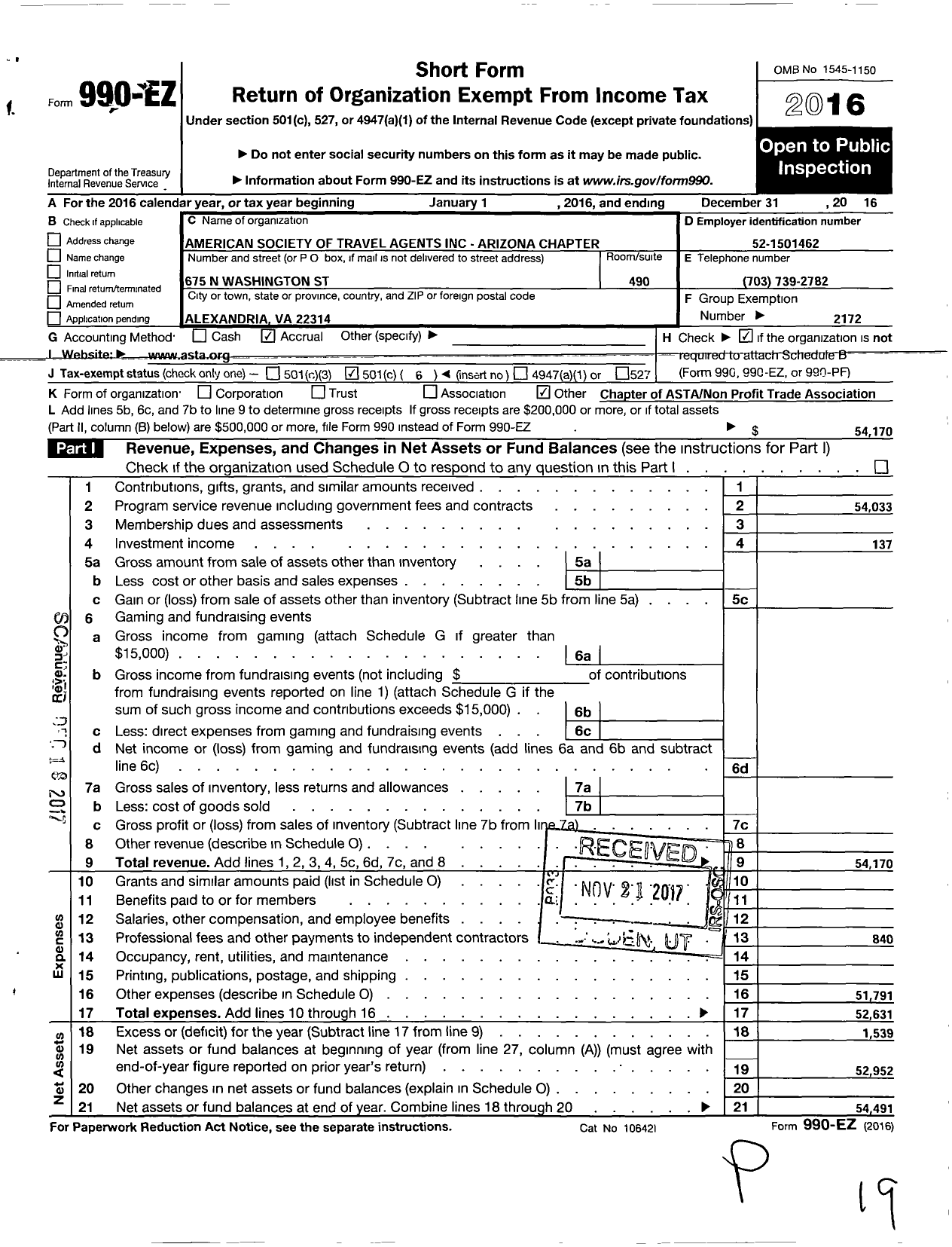 Image of first page of 2016 Form 990EO for AMERICAN SOCIETY OF TRAVEL AdvisorS ARIZONA Asta CHAPTER