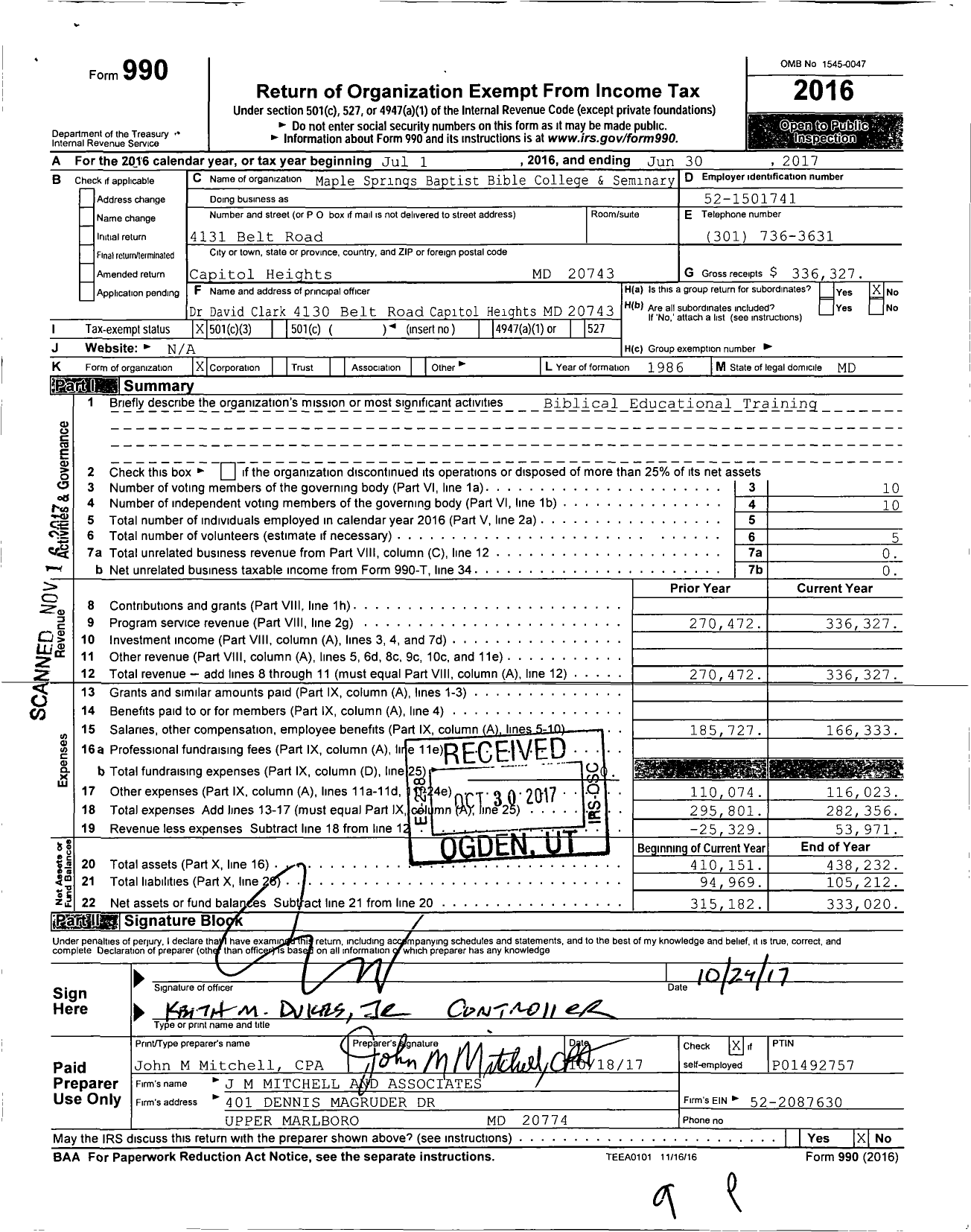 Image of first page of 2016 Form 990 for Maple Springs Baptist Bible College and Seminary
