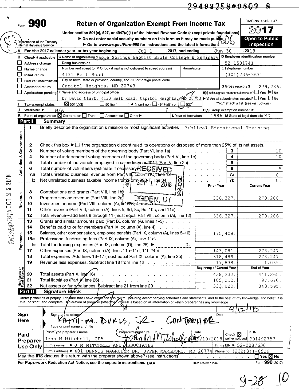 Image of first page of 2017 Form 990 for Maple Springs Baptist Bible College and Seminary