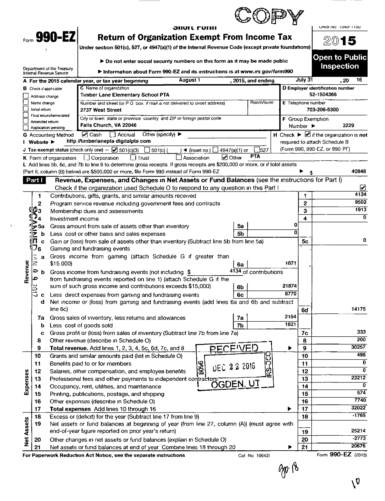 Image of first page of 2015 Form 990EZ for Virginia PTA - Timber Lane Elementary PTA