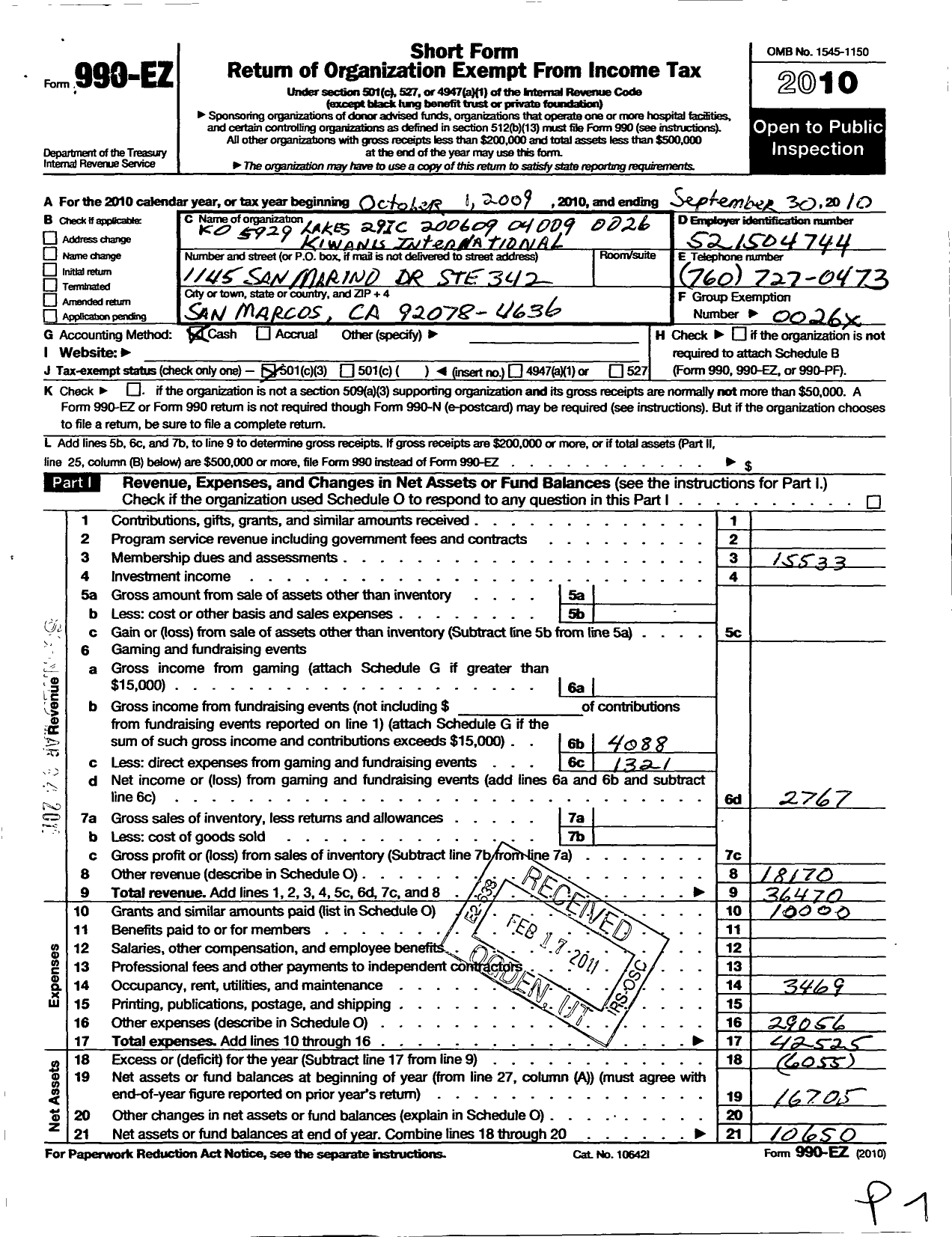 Image of first page of 2009 Form 990EZ for Kiwanis International - K05929 Lake San Marcos