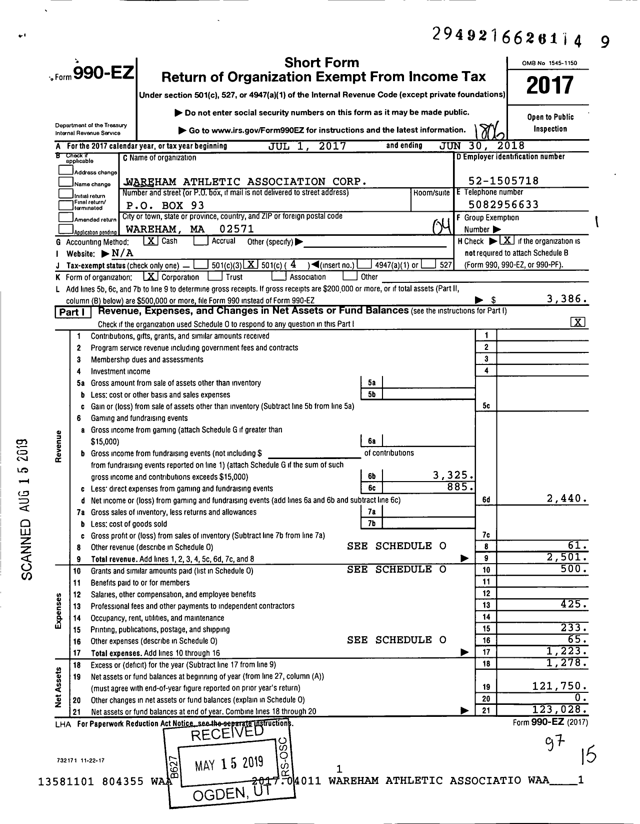 Image of first page of 2017 Form 990EO for Wareham Athletic Association Corporation