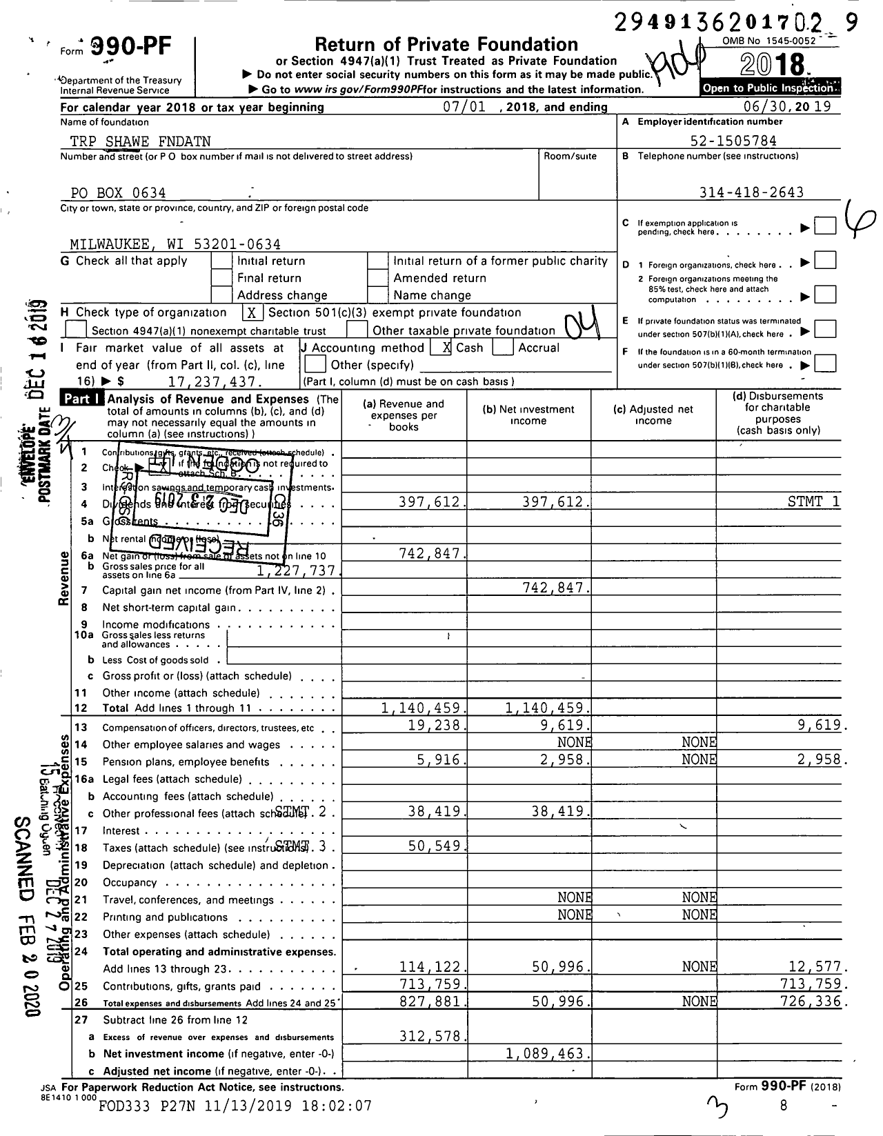 Image of first page of 2018 Form 990PR for TRP Shawe Fndatn