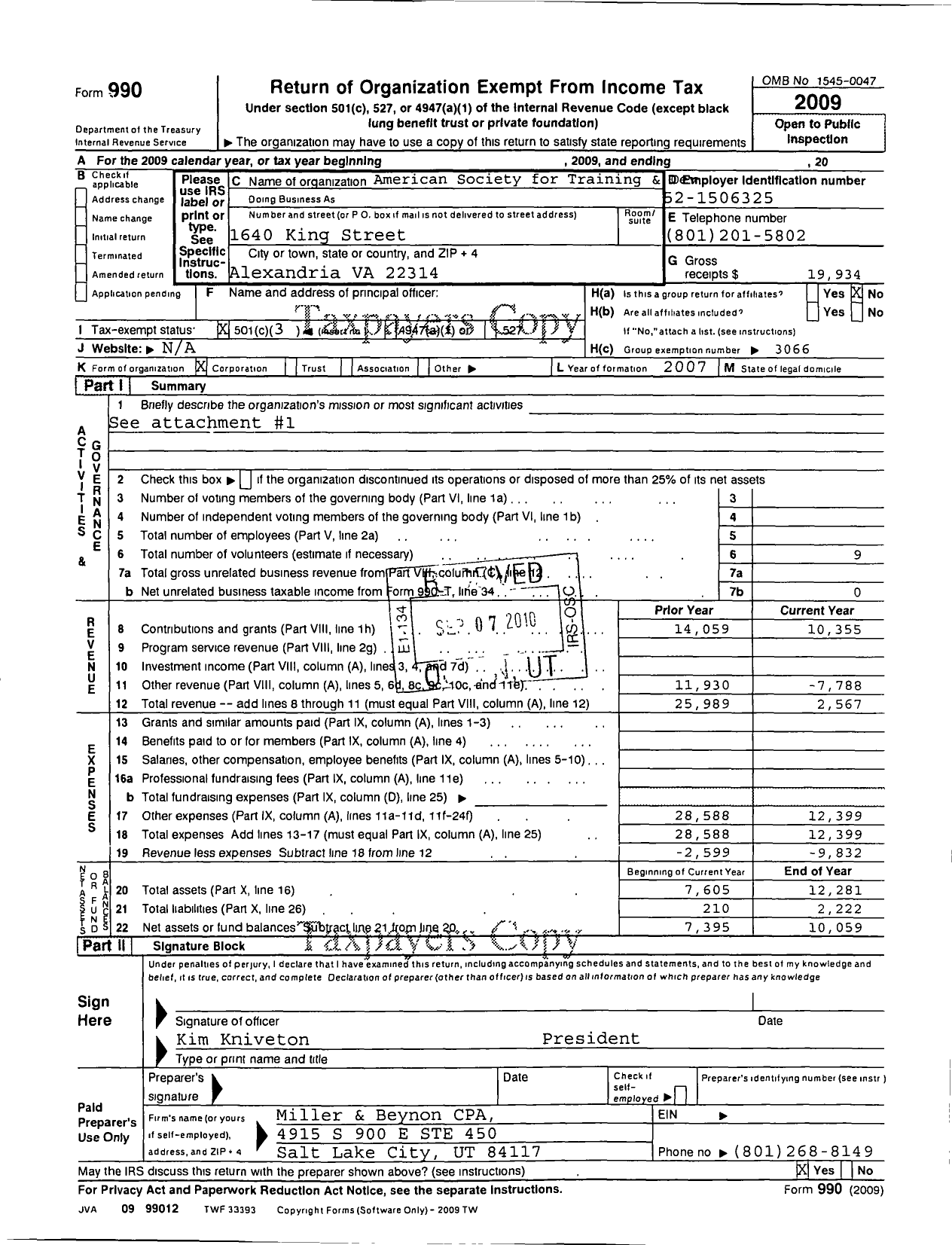 Image of first page of 2009 Form 990R for American Society for Training and Development / Utah Chapter