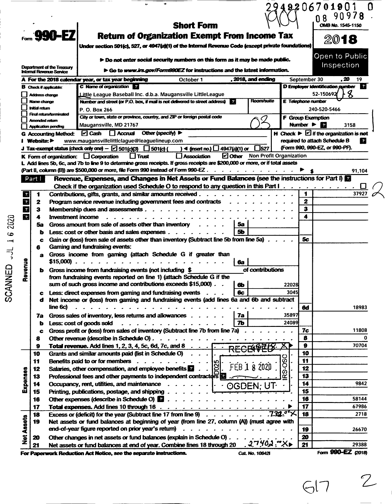 Image of first page of 2018 Form 990EZ for Little League Baseball - Maugansville Little League