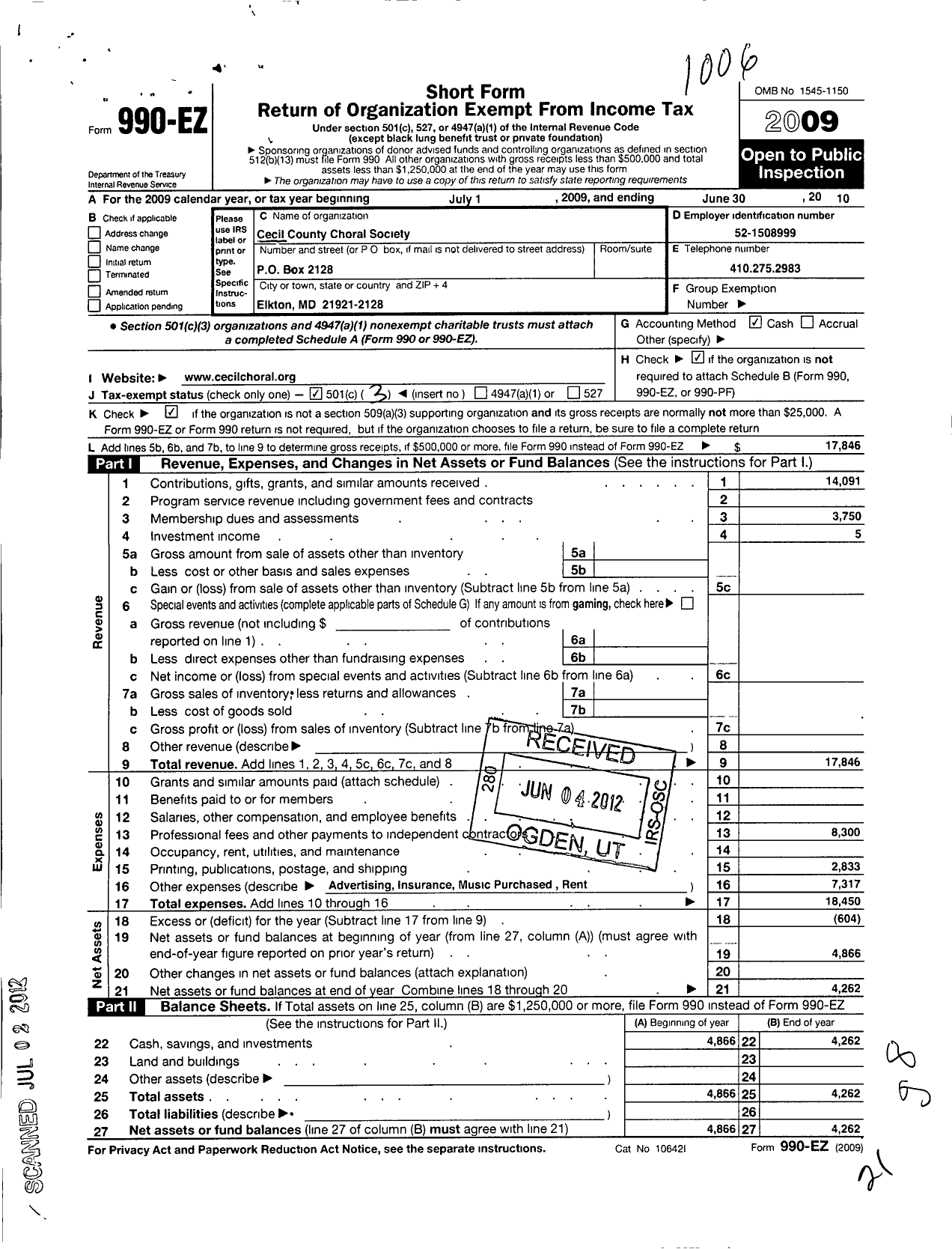 Image of first page of 2009 Form 990EZ for Cecil County Choral Society