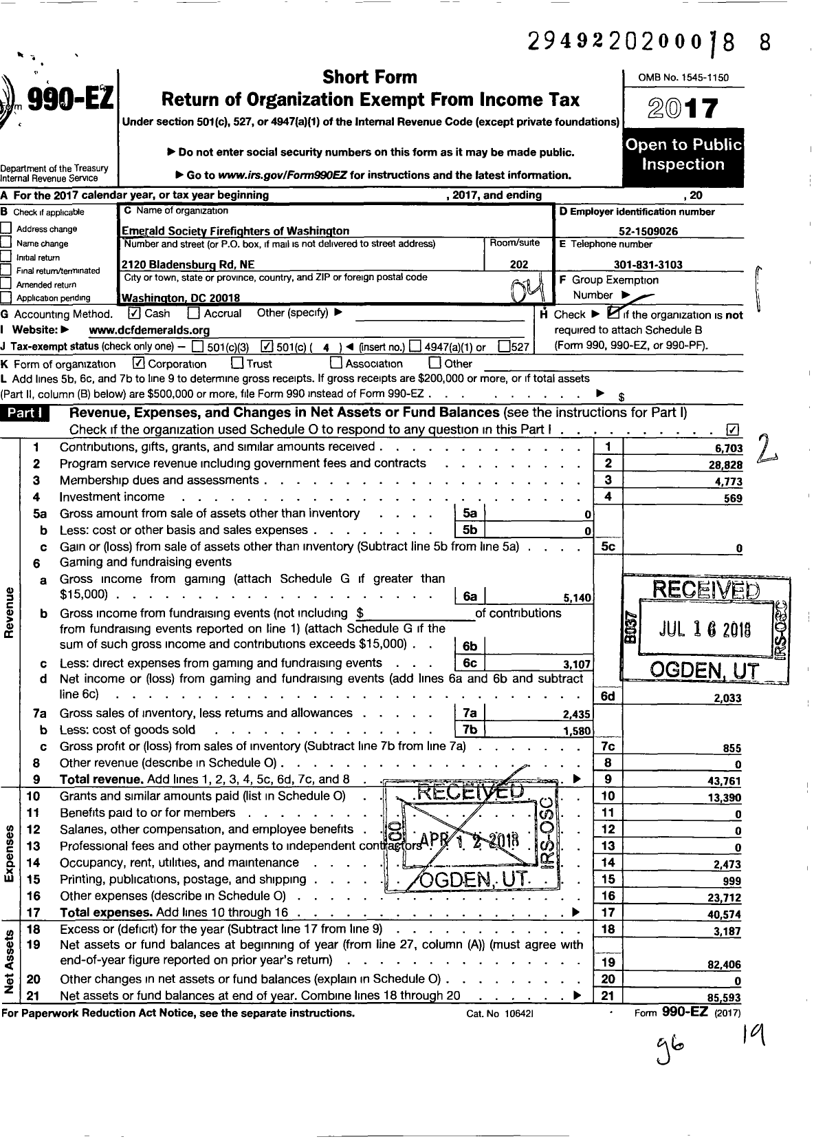 Image of first page of 2017 Form 990EO for Emerald Society Firefighters Fighters of Washington DC