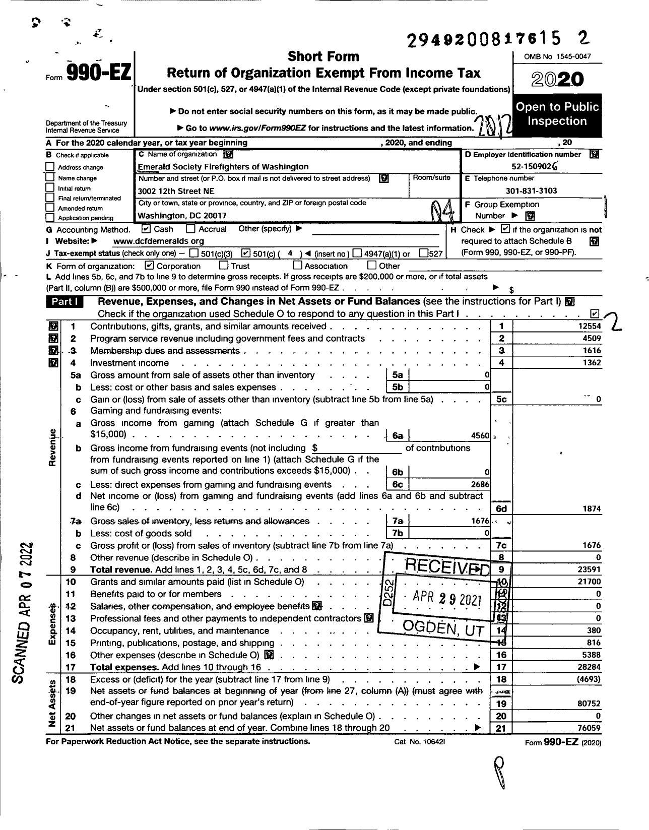 Image of first page of 2020 Form 990EO for Emerald Society Firefighters Fighters of Washington DC