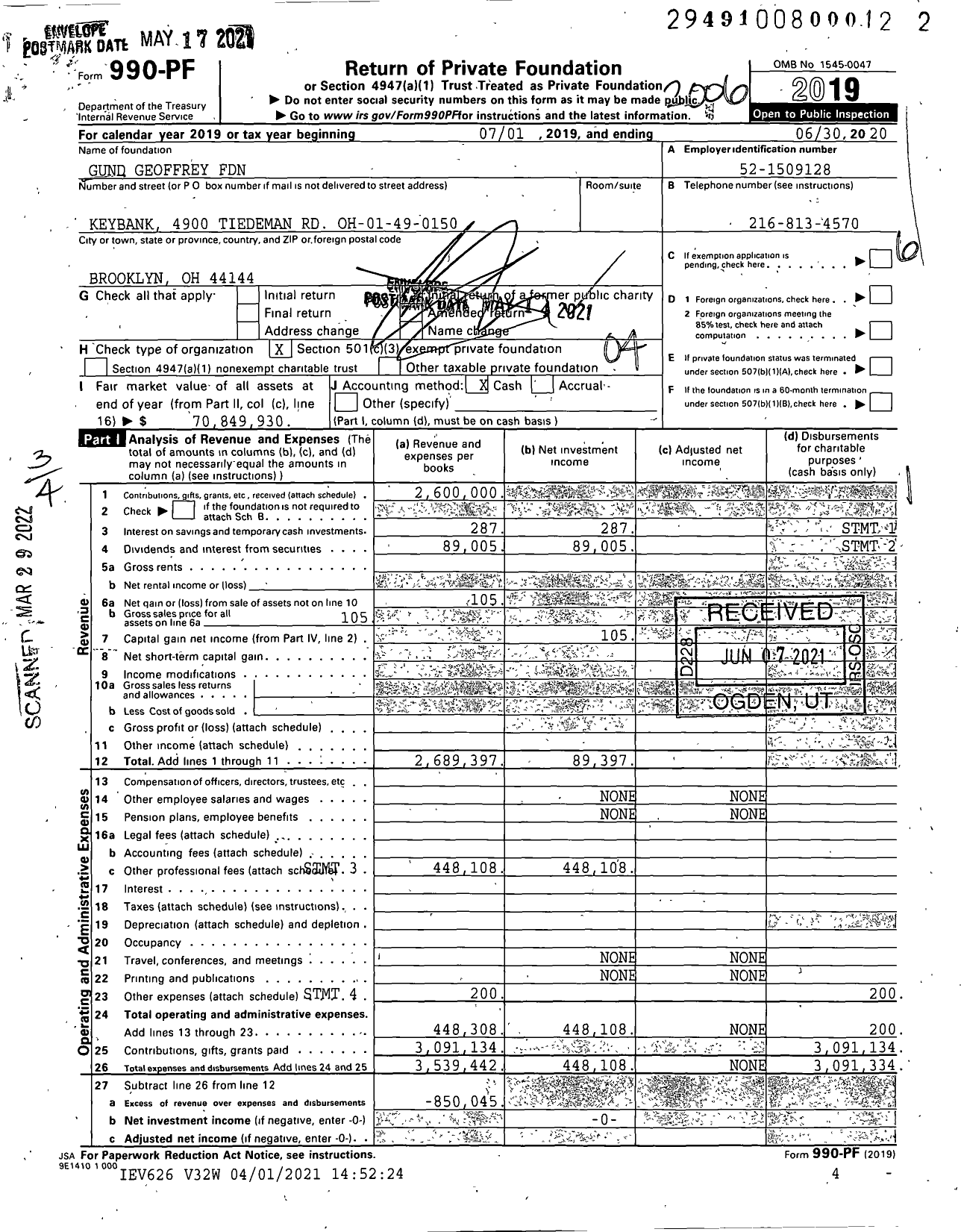 Image of first page of 2019 Form 990PF for Gund Geoffrey Foundation