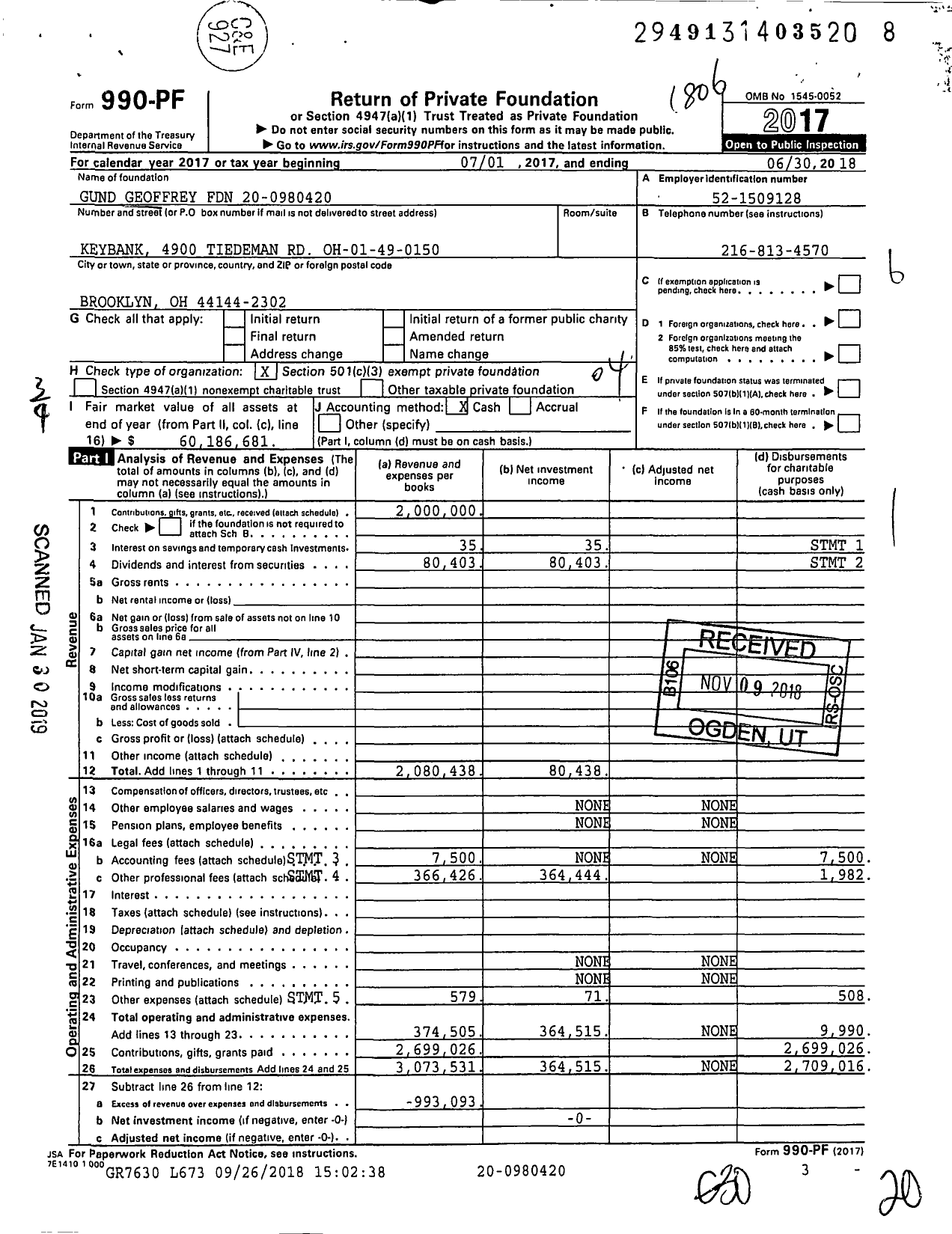 Image of first page of 2017 Form 990PF for Gund Geoffrey Foundation